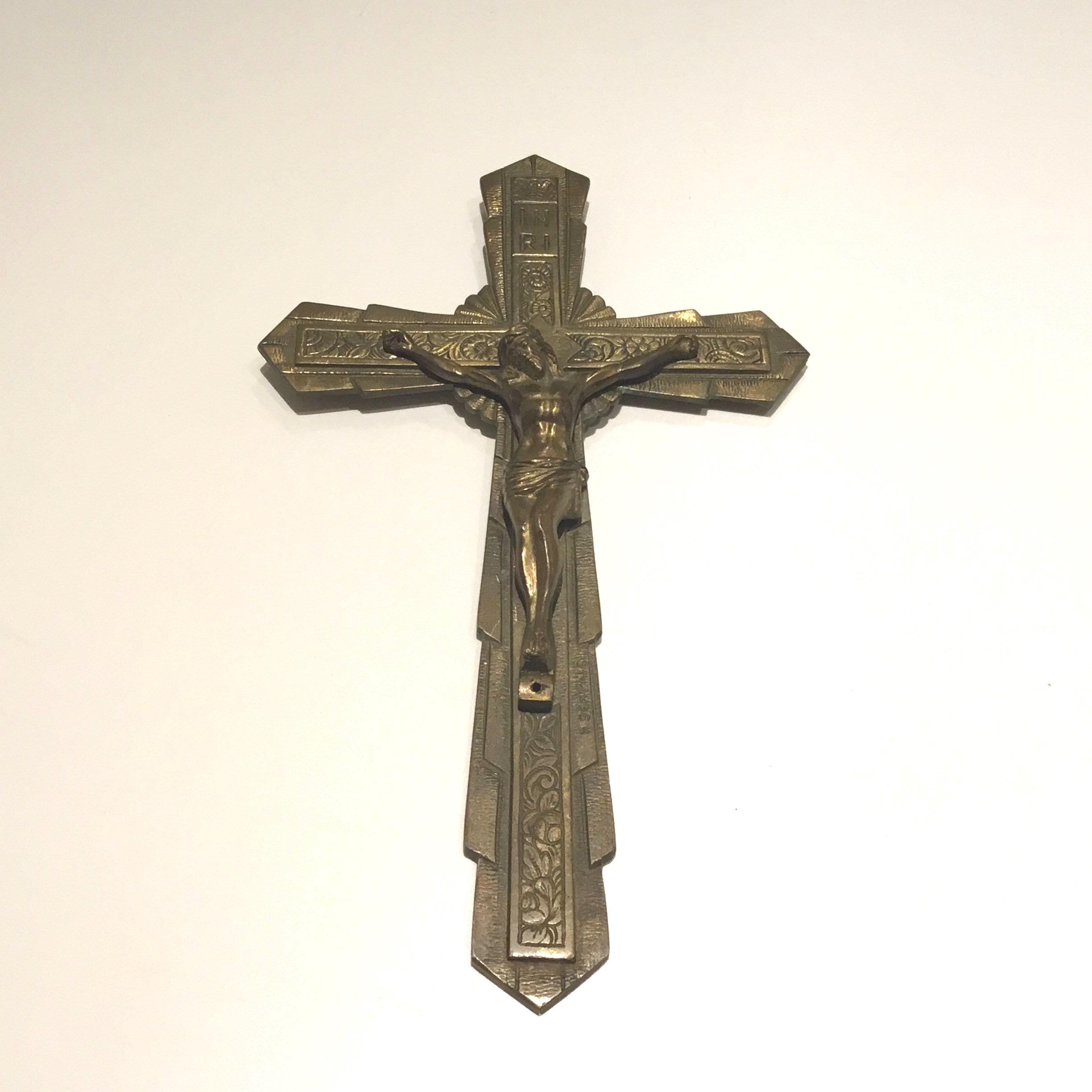 Antique Art Deco Crucifix | 1930s French Copper Cross, Signed R. Servais Religious Art — photo 2 of 11