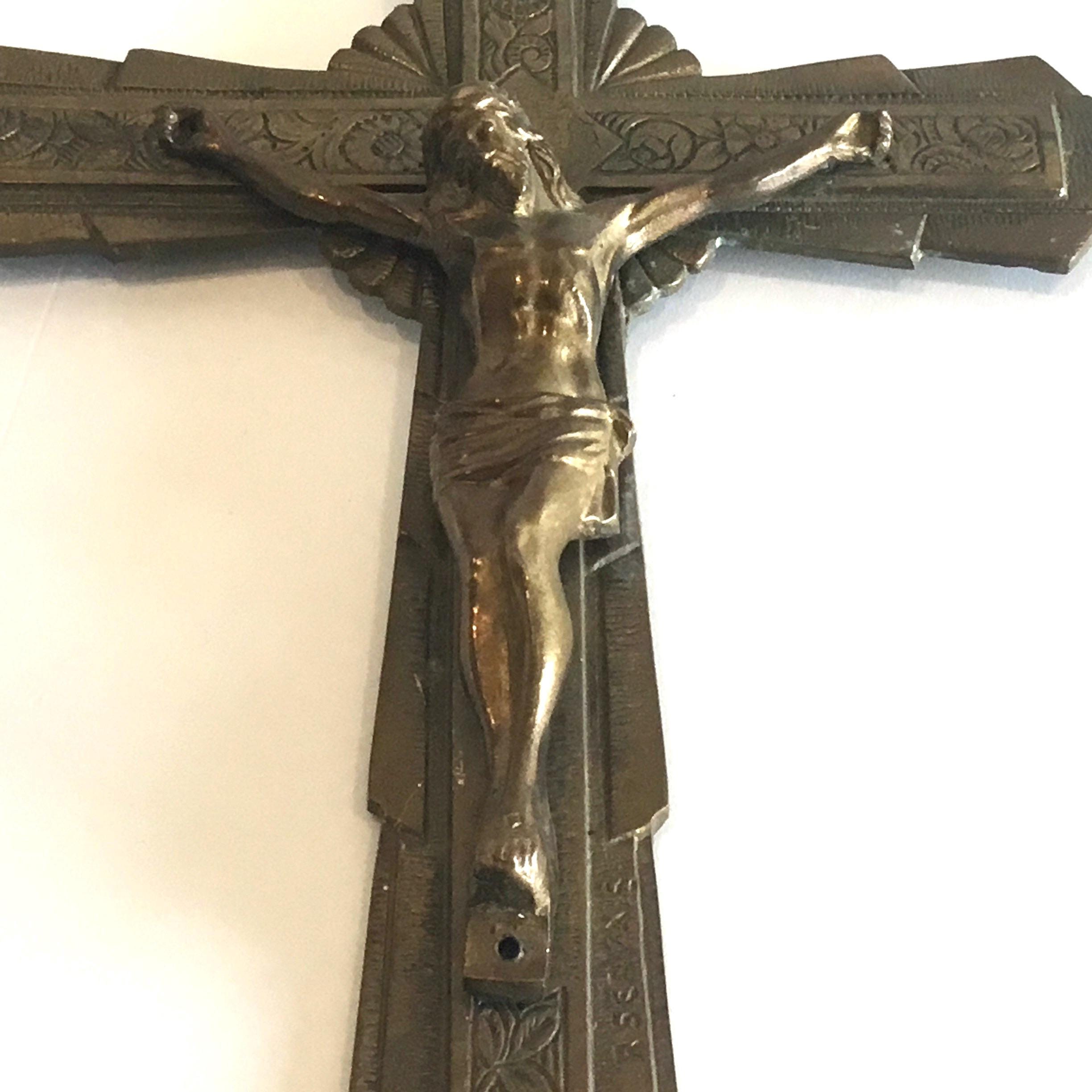 Antique Art Deco Crucifix | 1930s French Copper Cross, Signed R. Servais Religious Art — photo 3 of 11