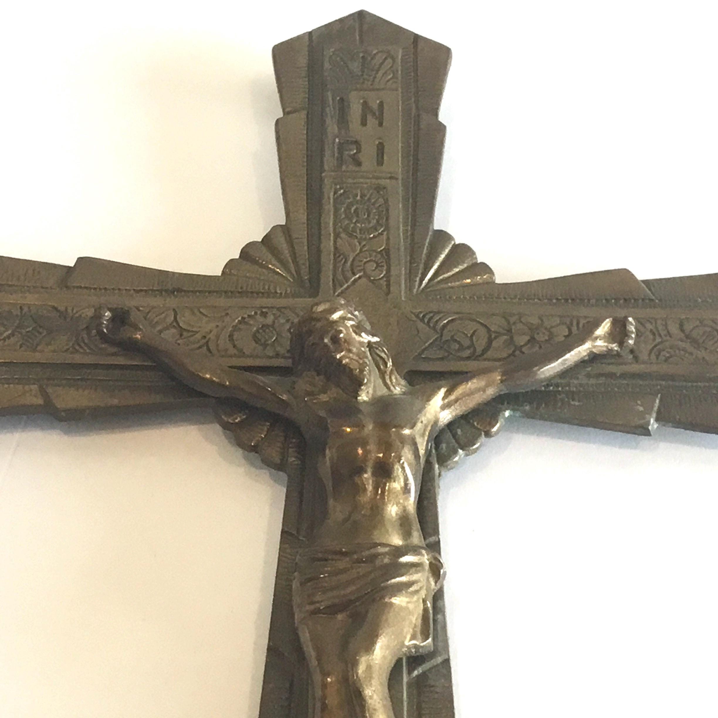 Antique Art Deco Crucifix | 1930s French Copper Cross, Signed R. Servais Religious Art — photo 4 of 11