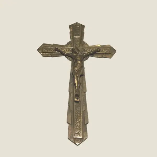 Antique Art Deco Crucifix | 1930s French Copper Cross, Signed R. Servais Religious Art