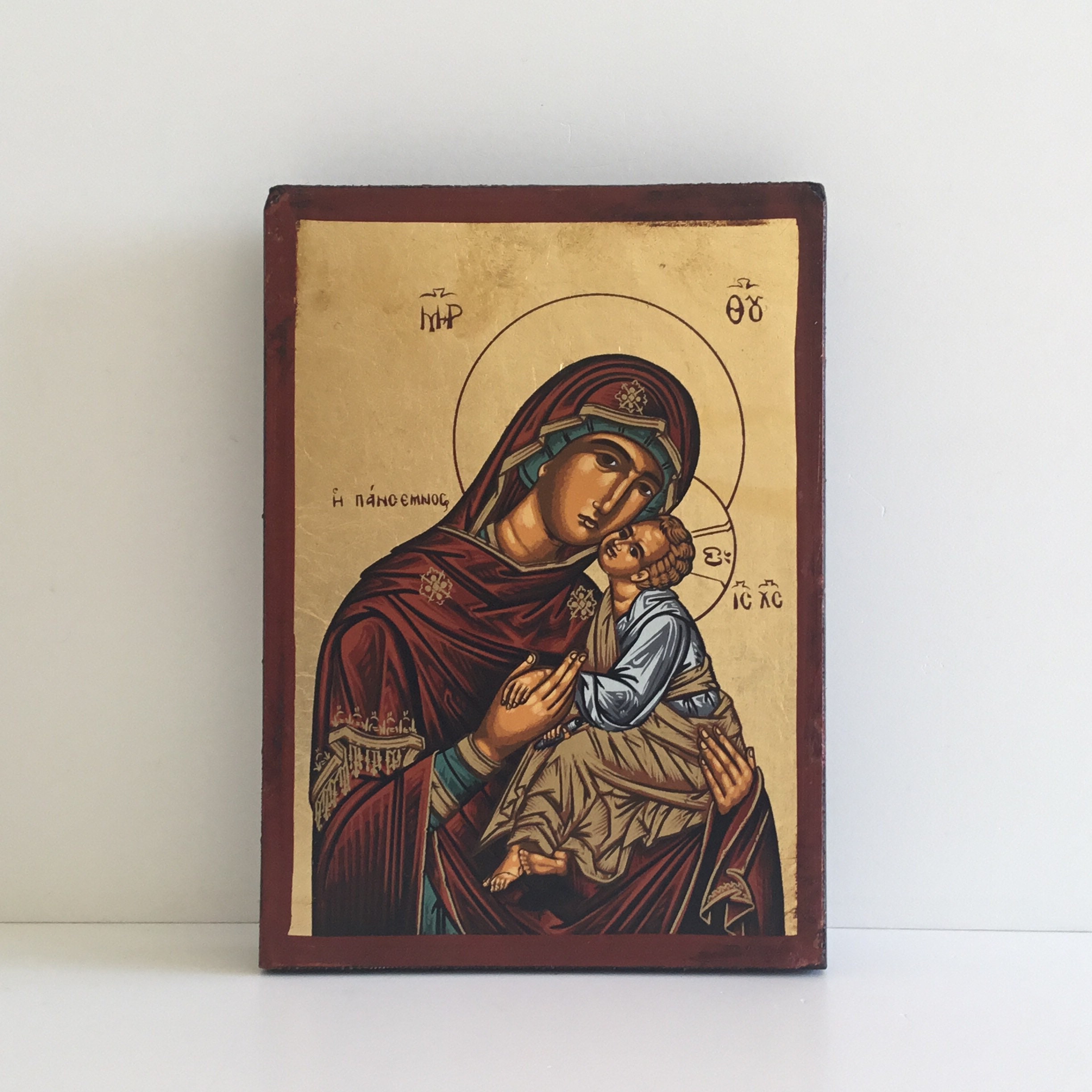 Religious Icon | Greek Orthodox Theotokos, 1950s Byzantine Art, Mother of Tenderness — photo 2 of 9