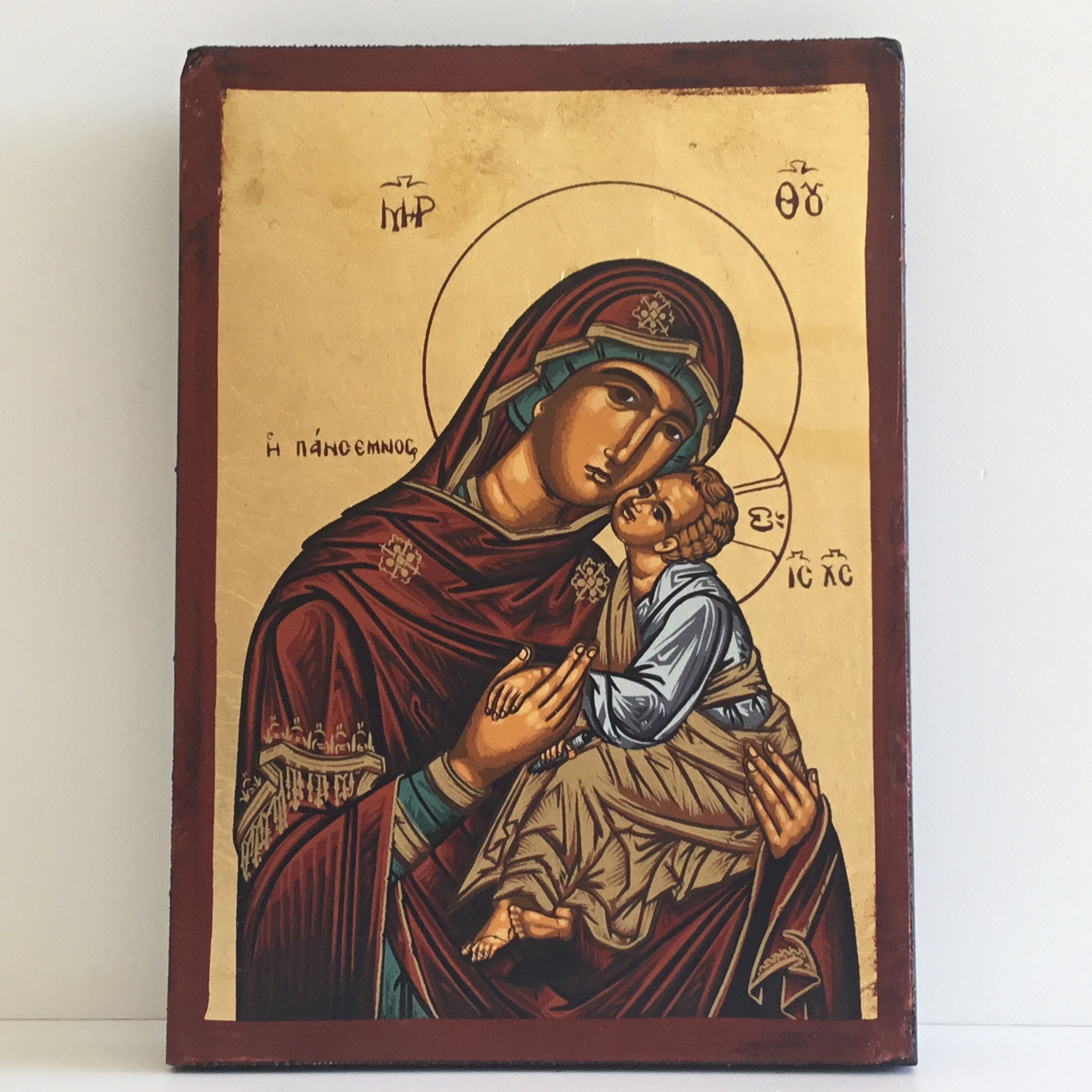 Religious Icon | Greek Orthodox Theotokos, 1950s Byzantine Art, Mother of Tenderness — photo 3 of 9