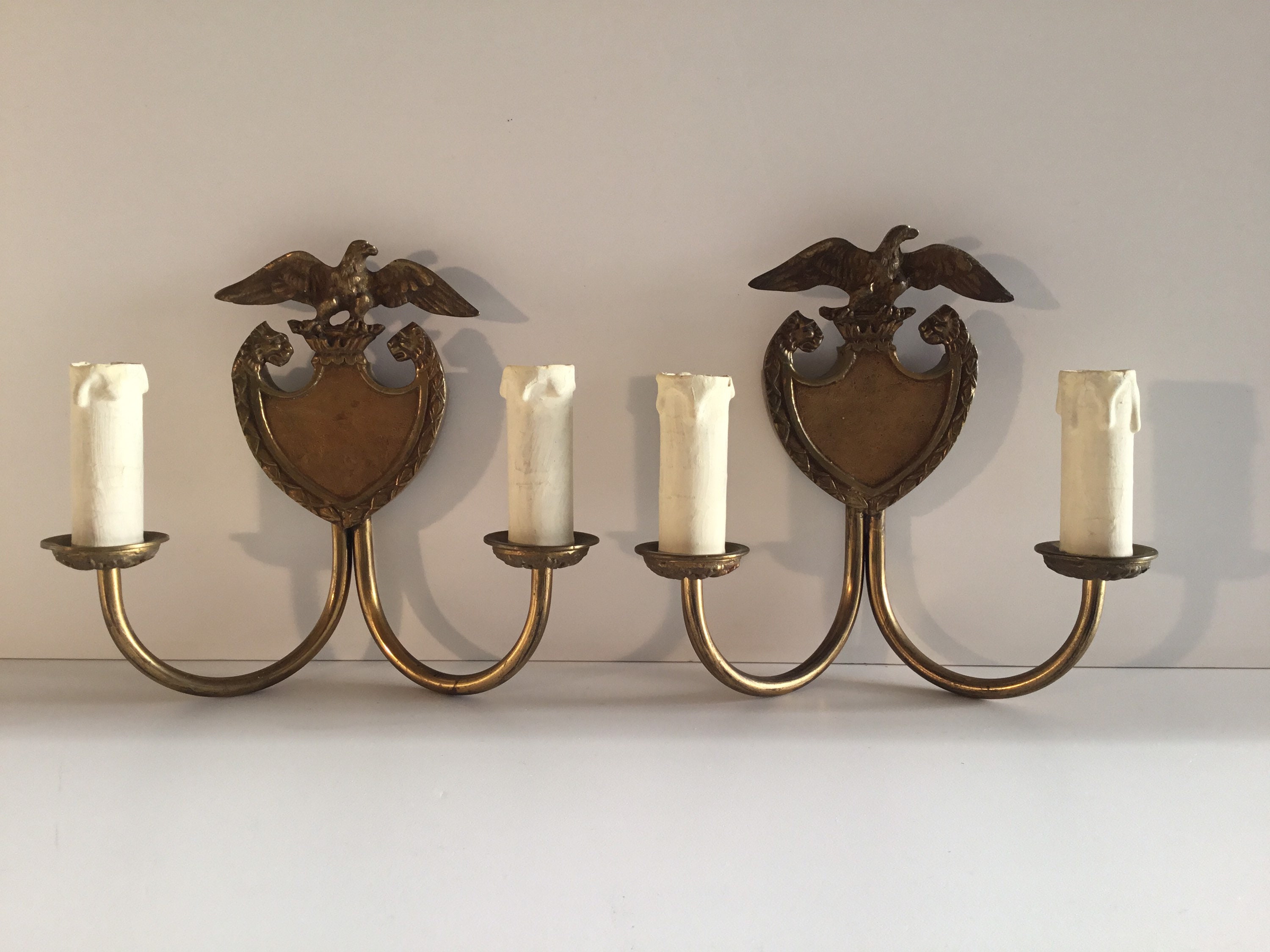 Vintage Italian Wall Lamps | 1930s Bronze Pair with Lions & Eagle, Art Deco Sconces — photo 2 of 10