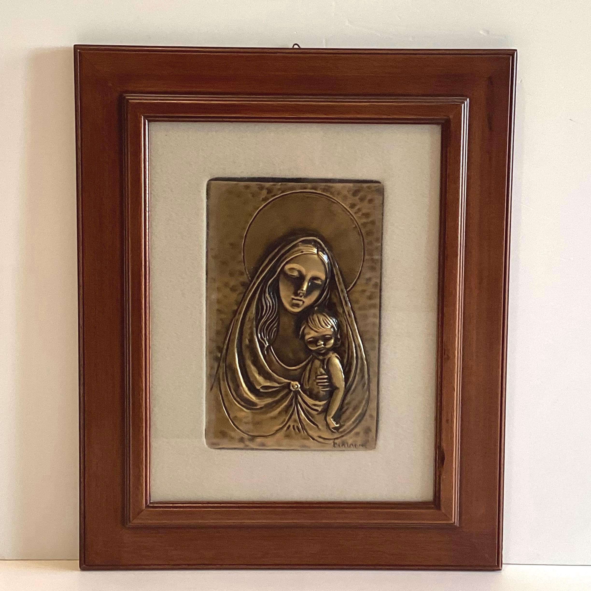 Copper Madonna Child Italian Art Relief, Aldo Bertagna 1970s Vintage Plaque — photo 2 of 8