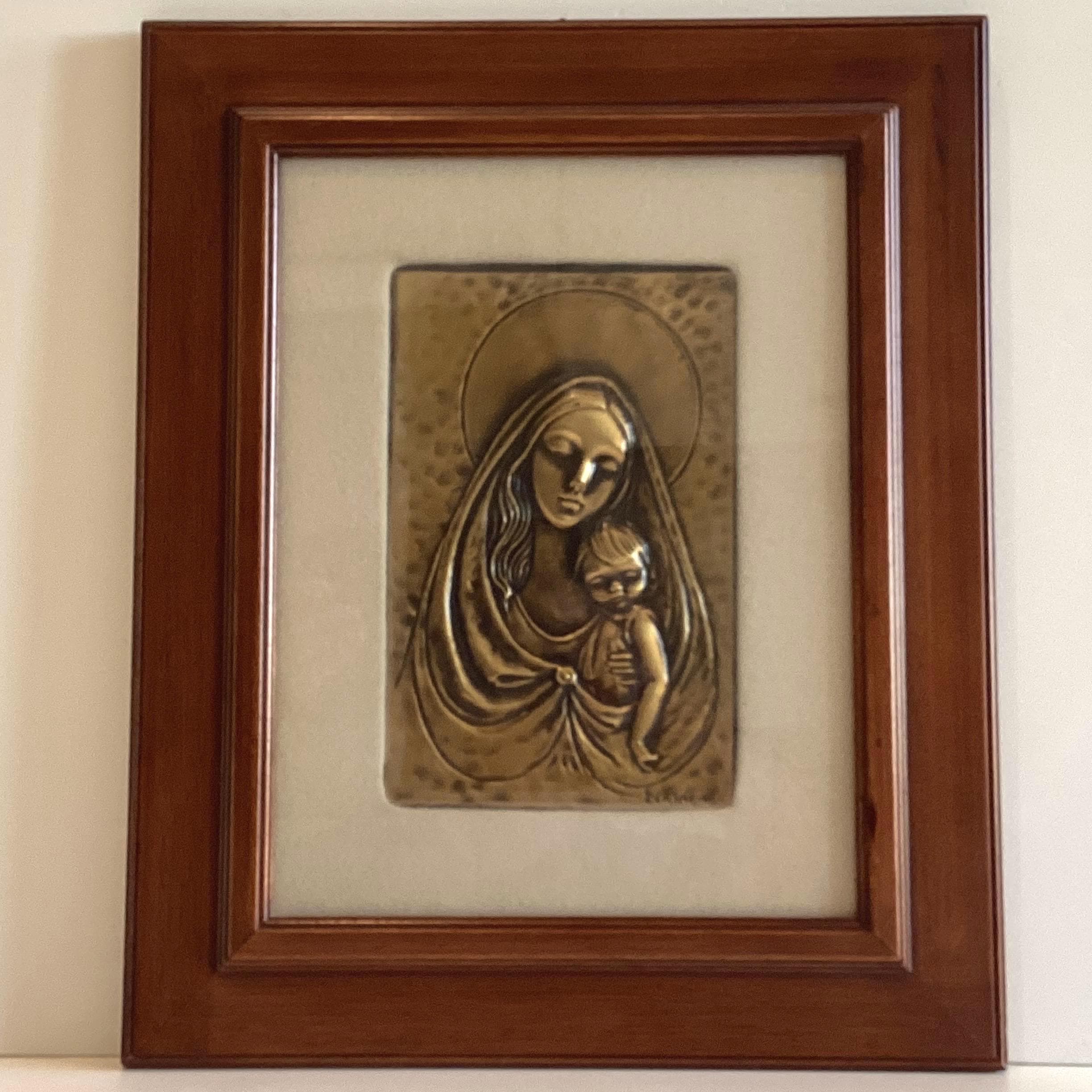 Copper Madonna Child Italian Art Relief, Aldo Bertagna 1970s Vintage Plaque — photo 3 of 8