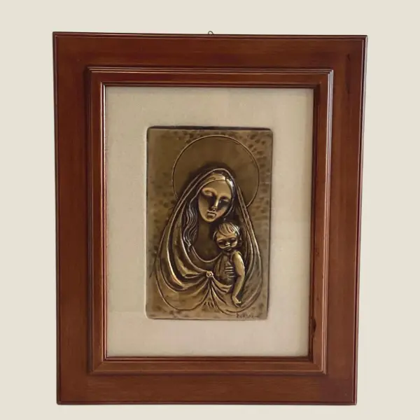 Copper Madonna Child Italian Art Relief, Aldo Bertagna 1970s Vintage Plaque