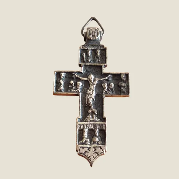 Vintage Orthodox Crucifix | 1900s Neck Cross, Cyrillic Inscriptions Artist Marked