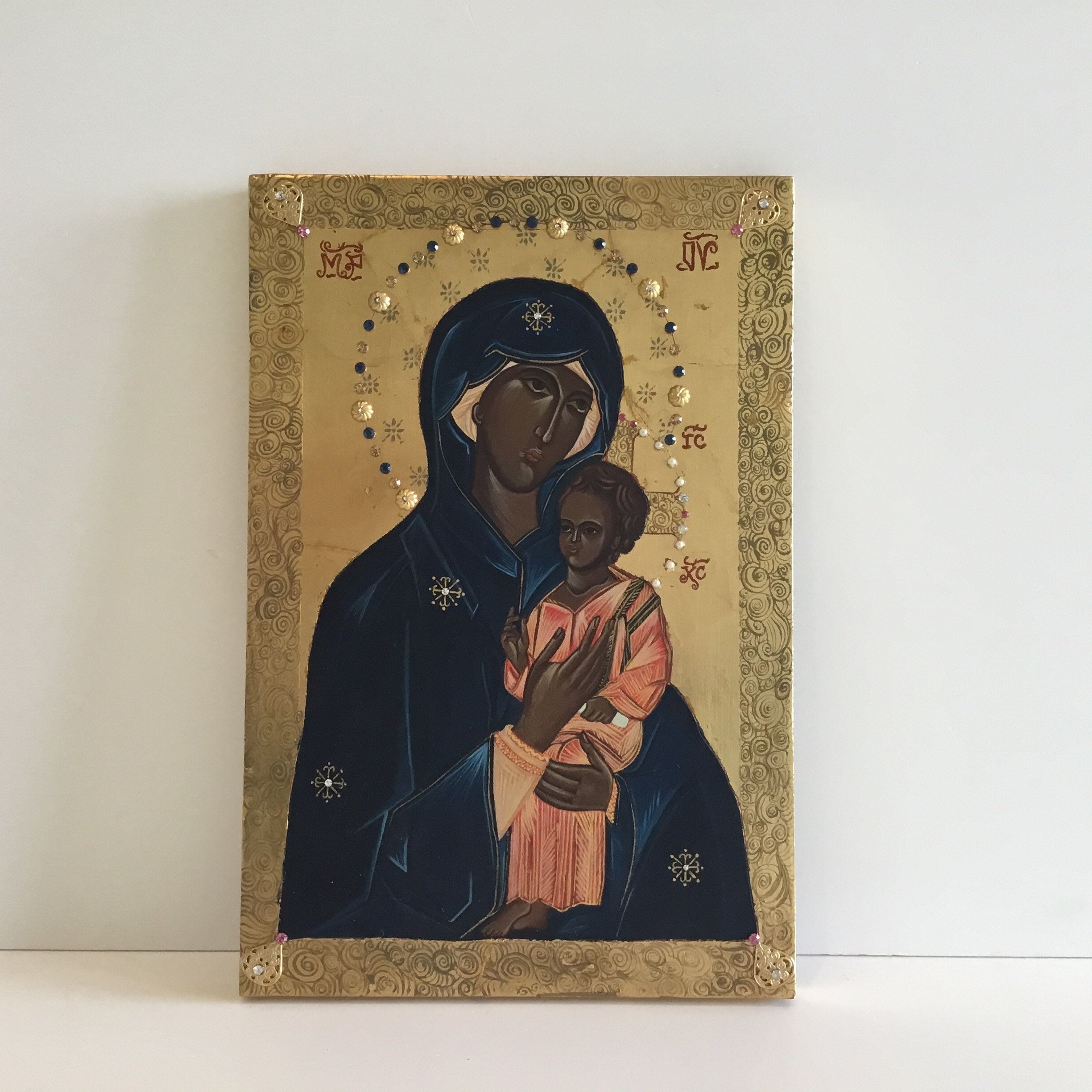 Vintage Greek Icon | 1980s Madonna and Child, Hand Painted with Crystal Stones — photo 2 of 10