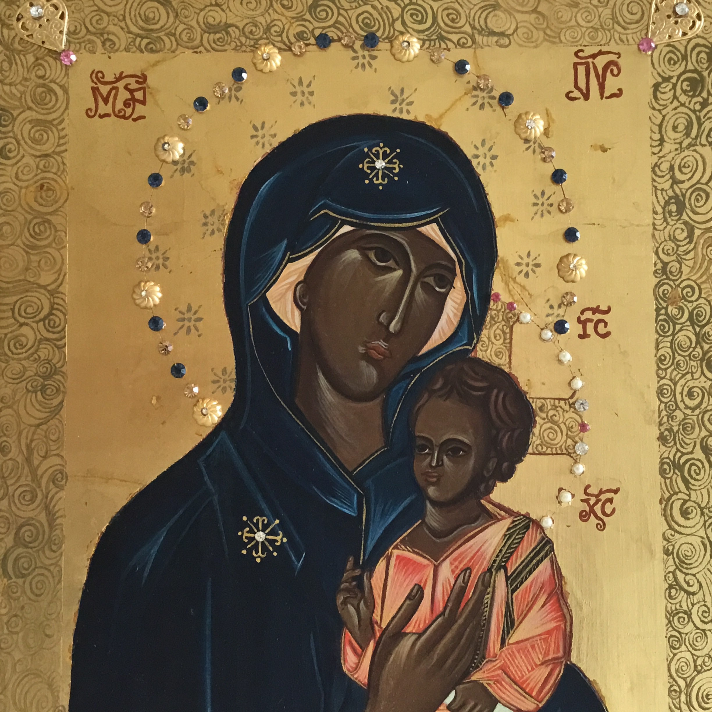 Vintage Greek Icon | 1980s Madonna and Child, Hand Painted with Crystal Stones — photo 3 of 10