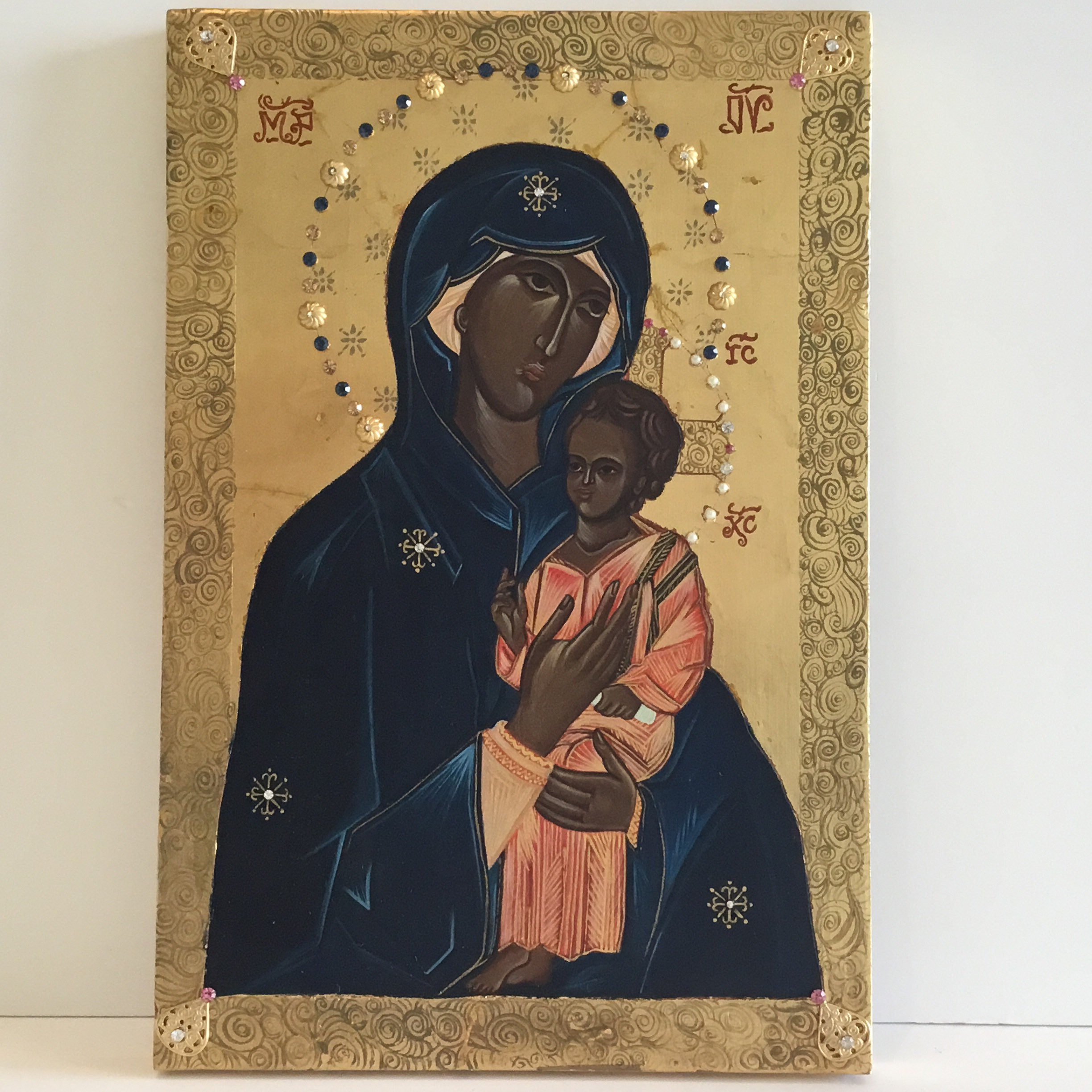 Vintage Greek Icon | 1980s Madonna and Child, Hand Painted with Crystal Stones — photo 4 of 10