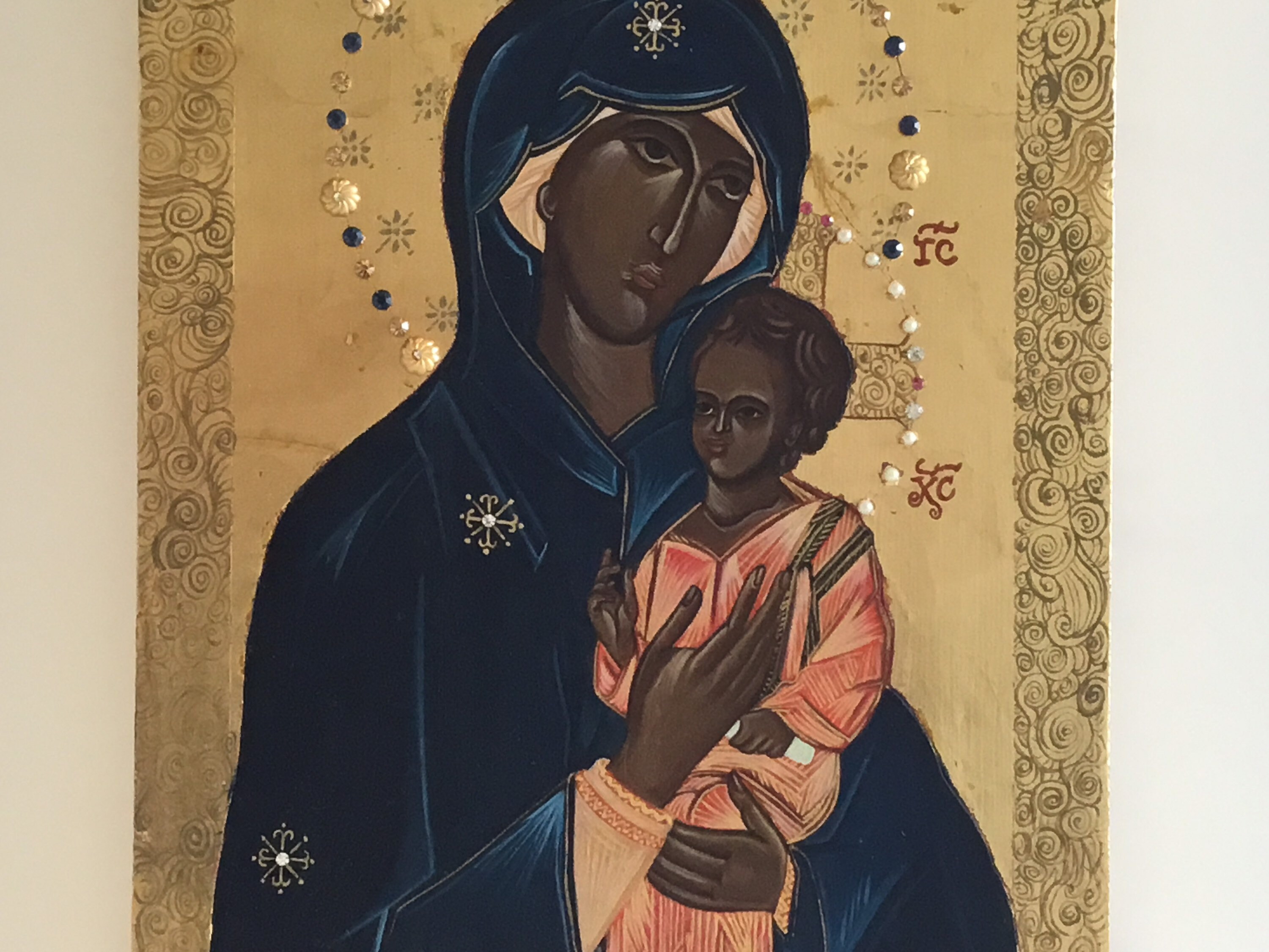 Vintage Greek Icon | 1980s Madonna and Child, Hand Painted with Crystal Stones — photo 5 of 10