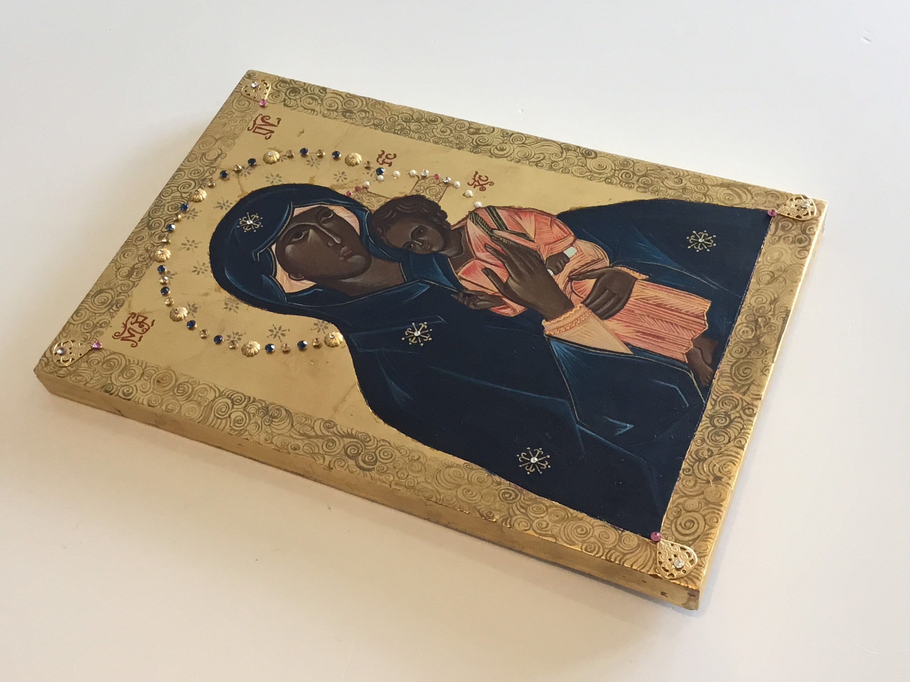 Vintage Greek Icon | 1980s Madonna and Child, Hand Painted with Crystal Stones — photo 6 of 10