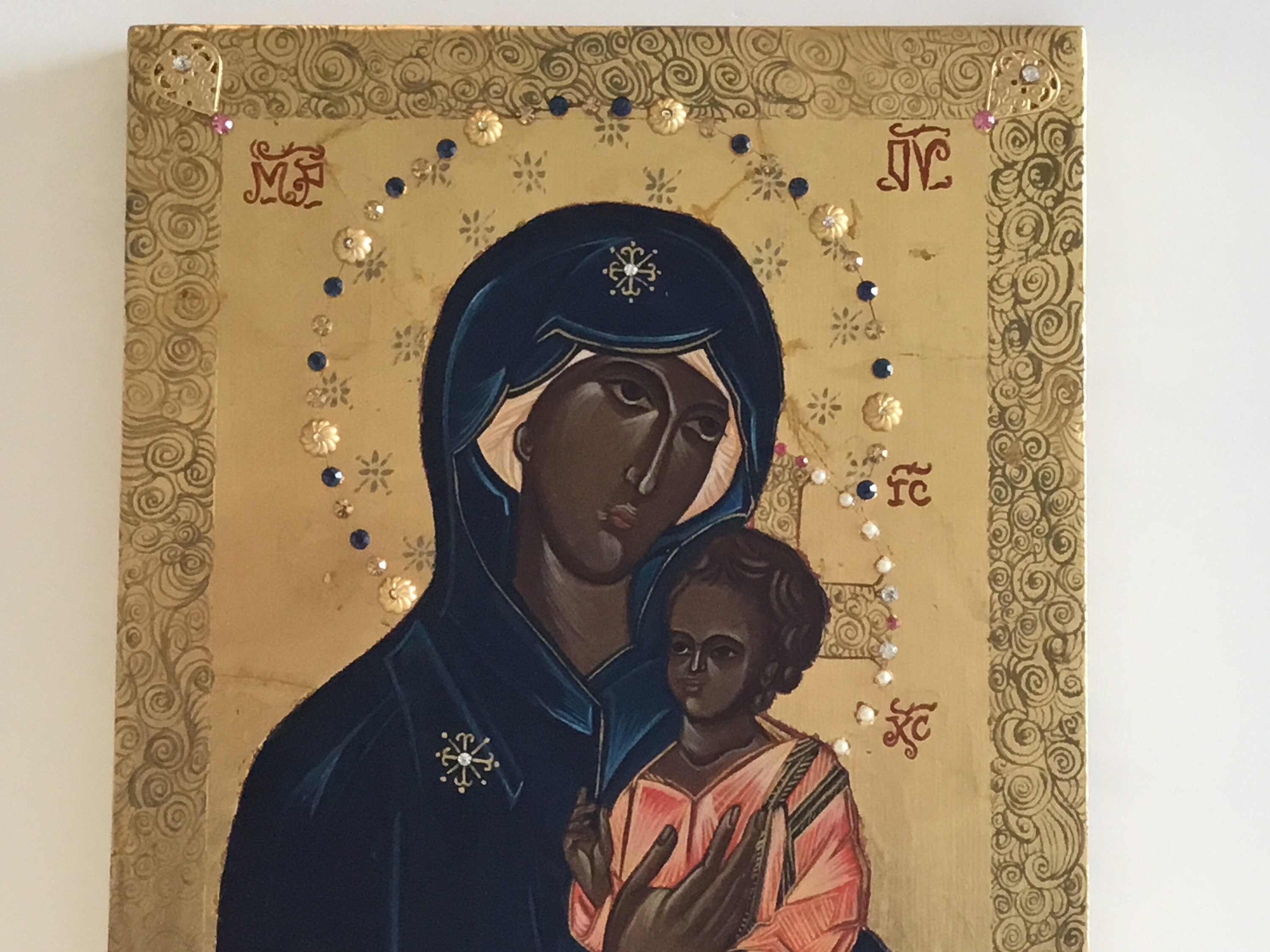 Vintage Greek Icon | 1980s Madonna and Child, Hand Painted with Crystal Stones — photo 7 of 10
