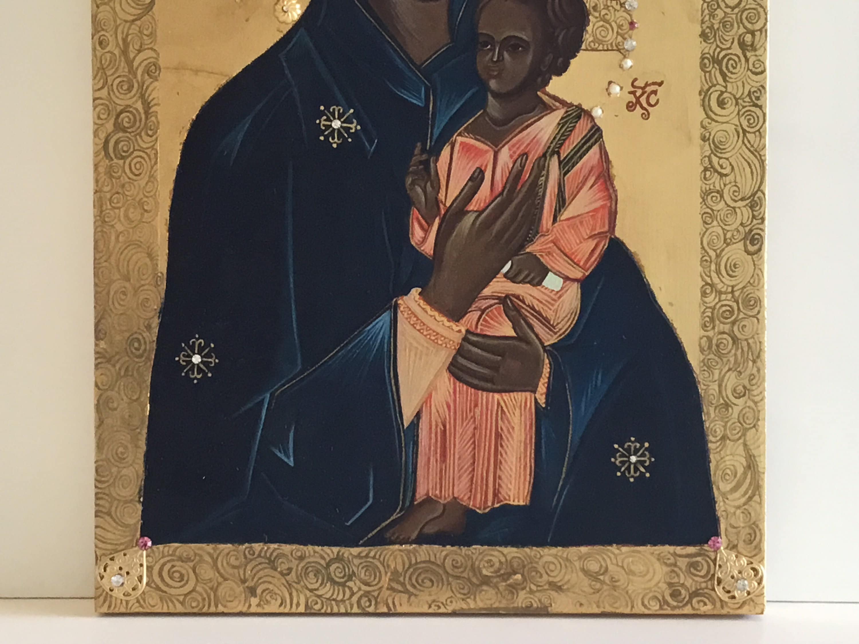 Vintage Greek Icon | 1980s Madonna and Child, Hand Painted with Crystal Stones — photo 8 of 10