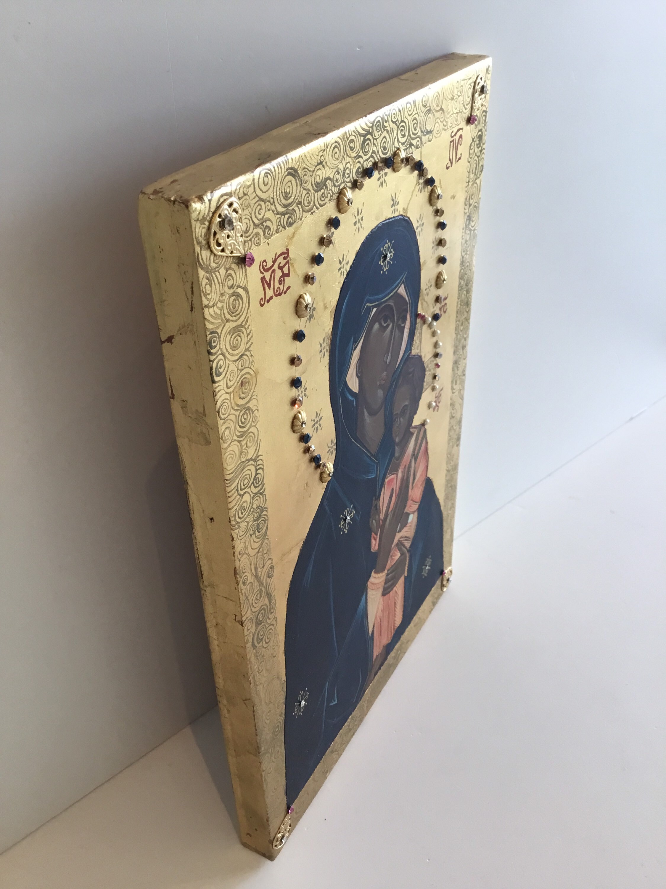 Vintage Greek Icon | 1980s Madonna and Child, Hand Painted with Crystal Stones — photo 9 of 10