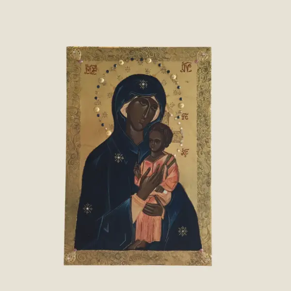 Vintage Greek Icon | 1980s Madonna and Child, Hand Painted with Crystal Stones