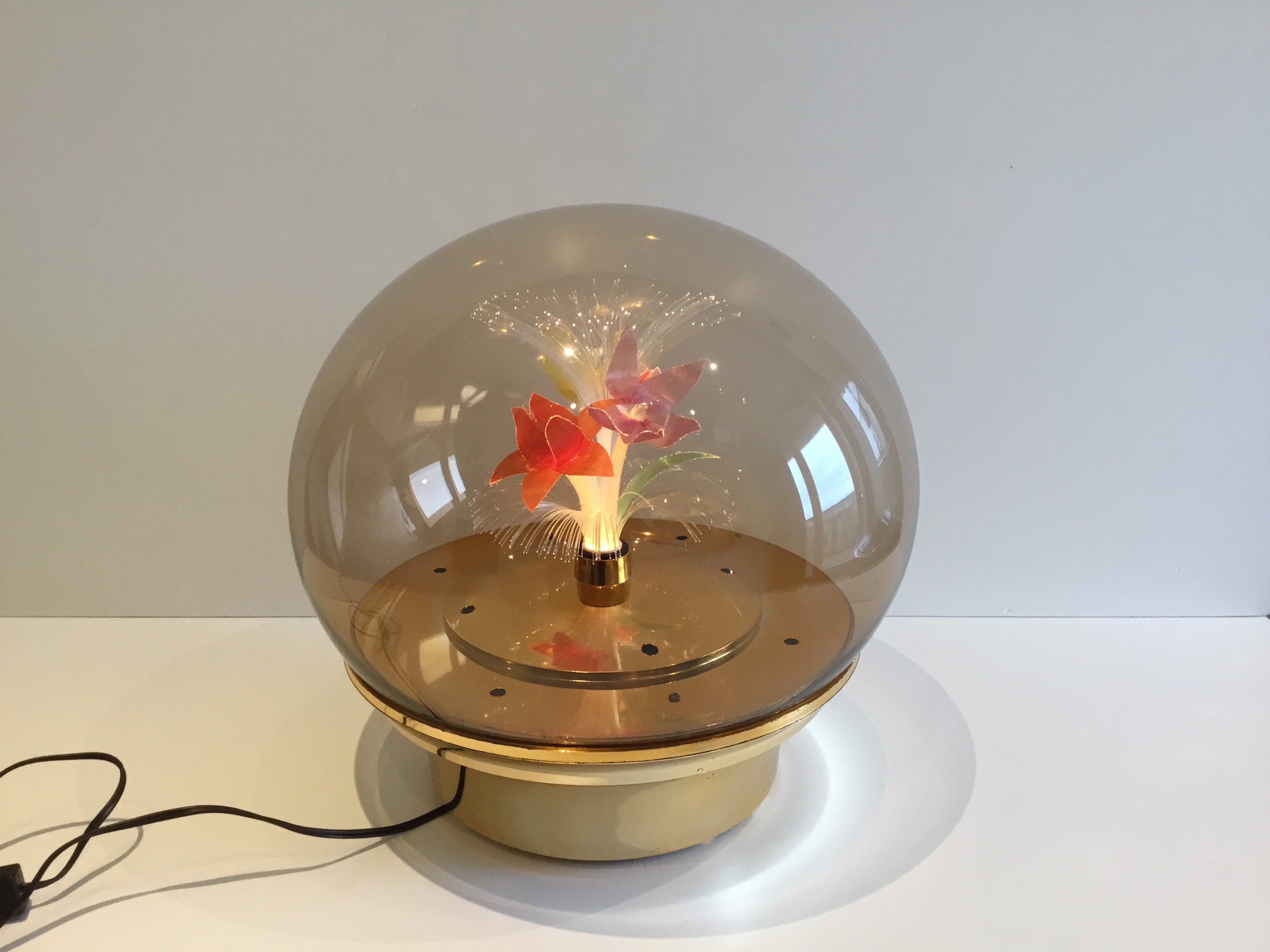 Vintage Table Lamp | 1970s Italian Smoked Plexiglas, Rotating Optic Fiber Flower — photo 2 of 6