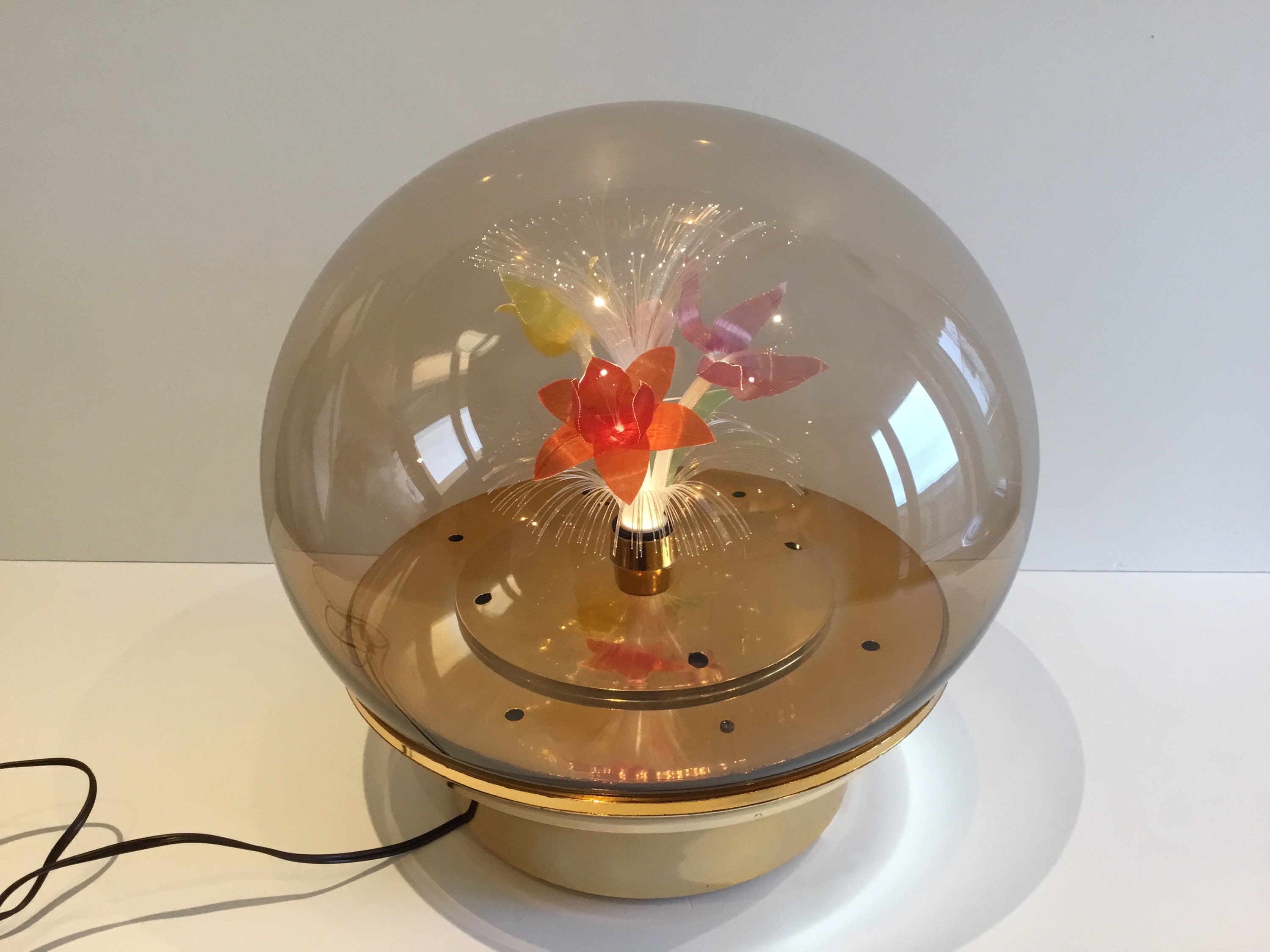 Vintage Table Lamp | 1970s Italian Smoked Plexiglas, Rotating Optic Fiber Flower — photo 4 of 6
