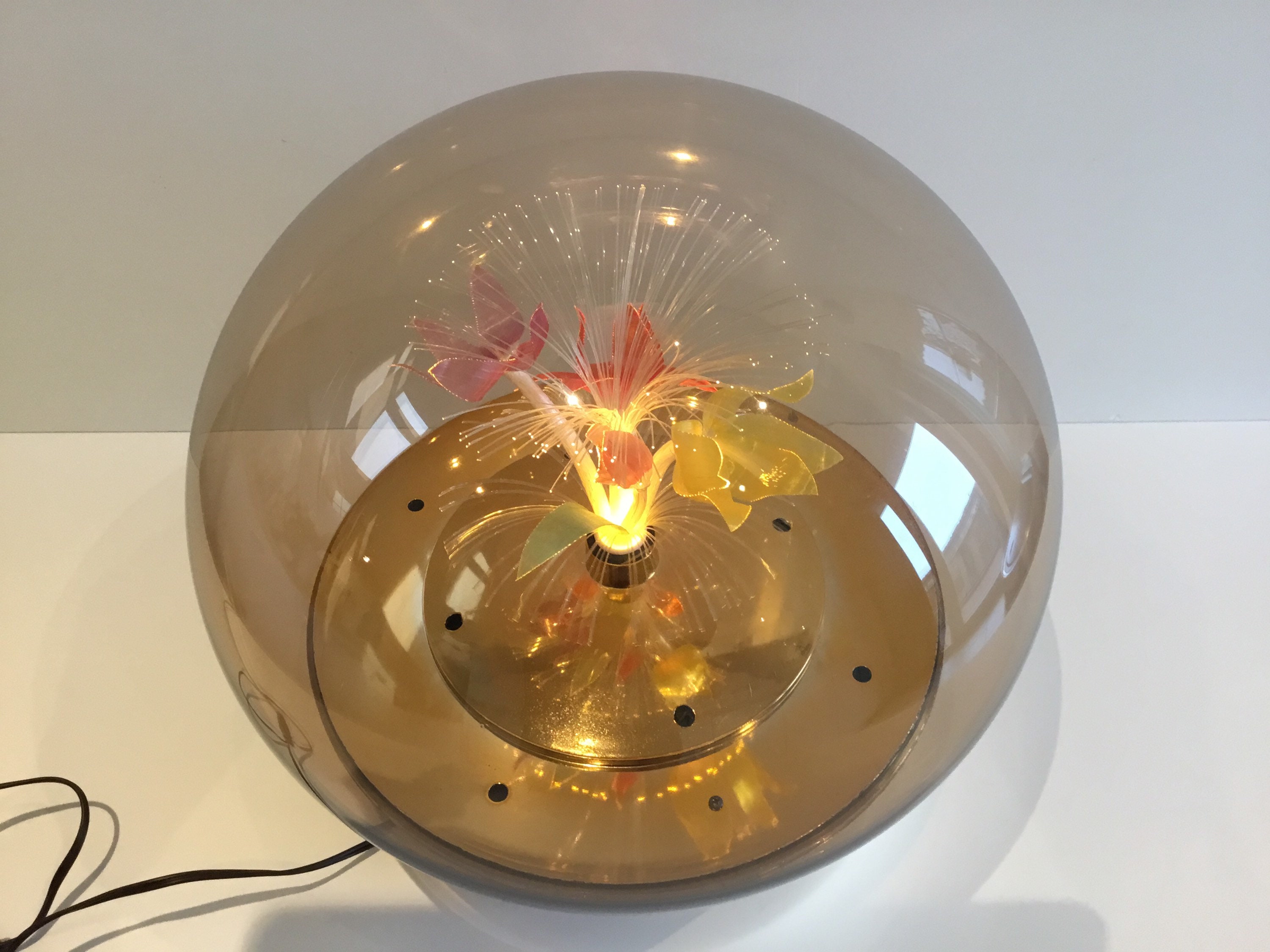 Vintage Table Lamp | 1970s Italian Smoked Plexiglas, Rotating Optic Fiber Flower — photo 5 of 6