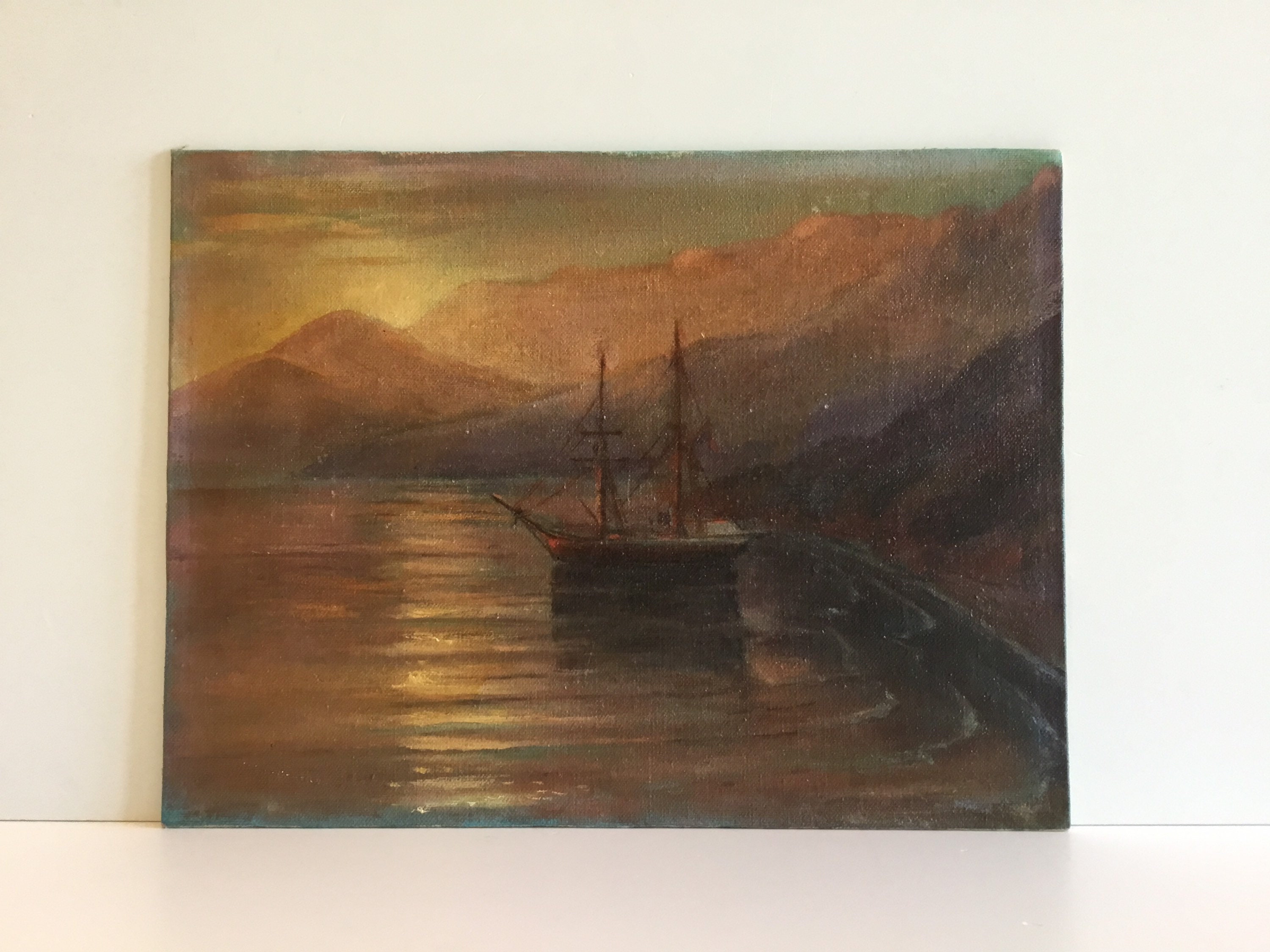 Antique Seascape Painting | Late 19th Century Turkish Coast Sunset Ship, Oil on Canvas — photo 2 of 11