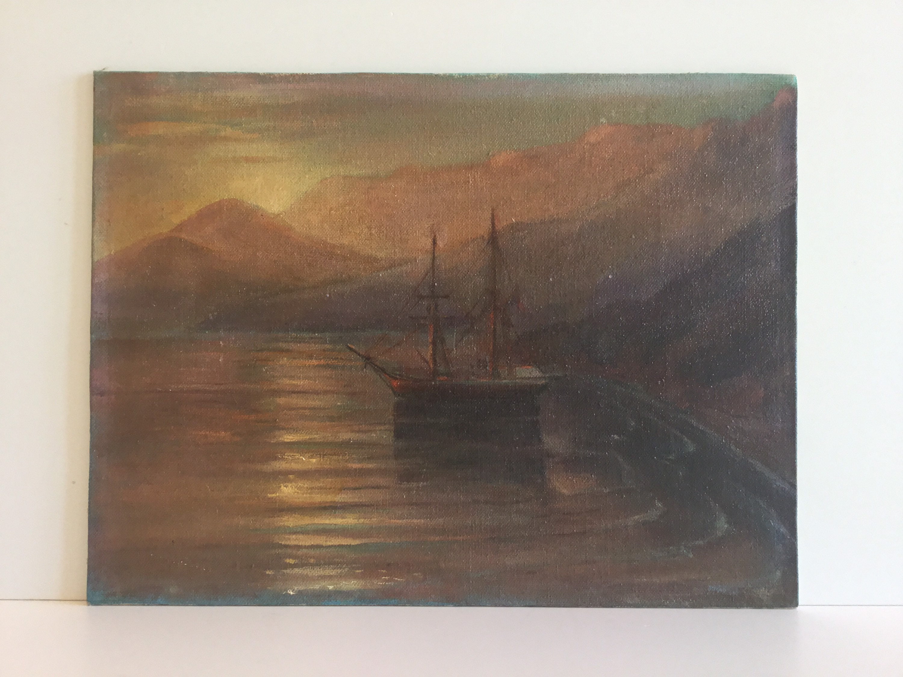 Antique Seascape Painting | Late 19th Century Turkish Coast Sunset Ship, Oil on Canvas — photo 3 of 11