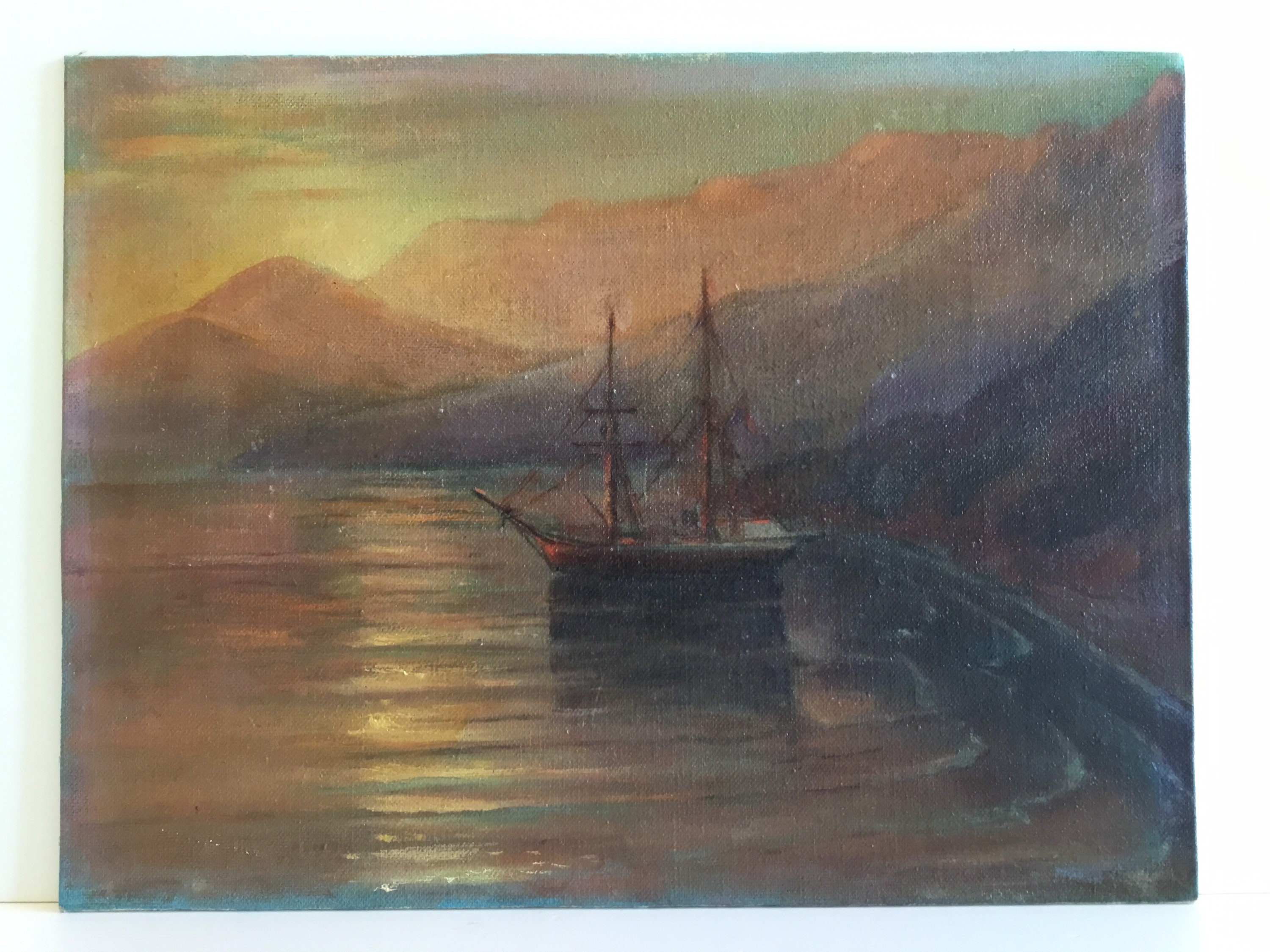 Antique Seascape Painting | Late 19th Century Turkish Coast Sunset Ship, Oil on Canvas — photo 4 of 11