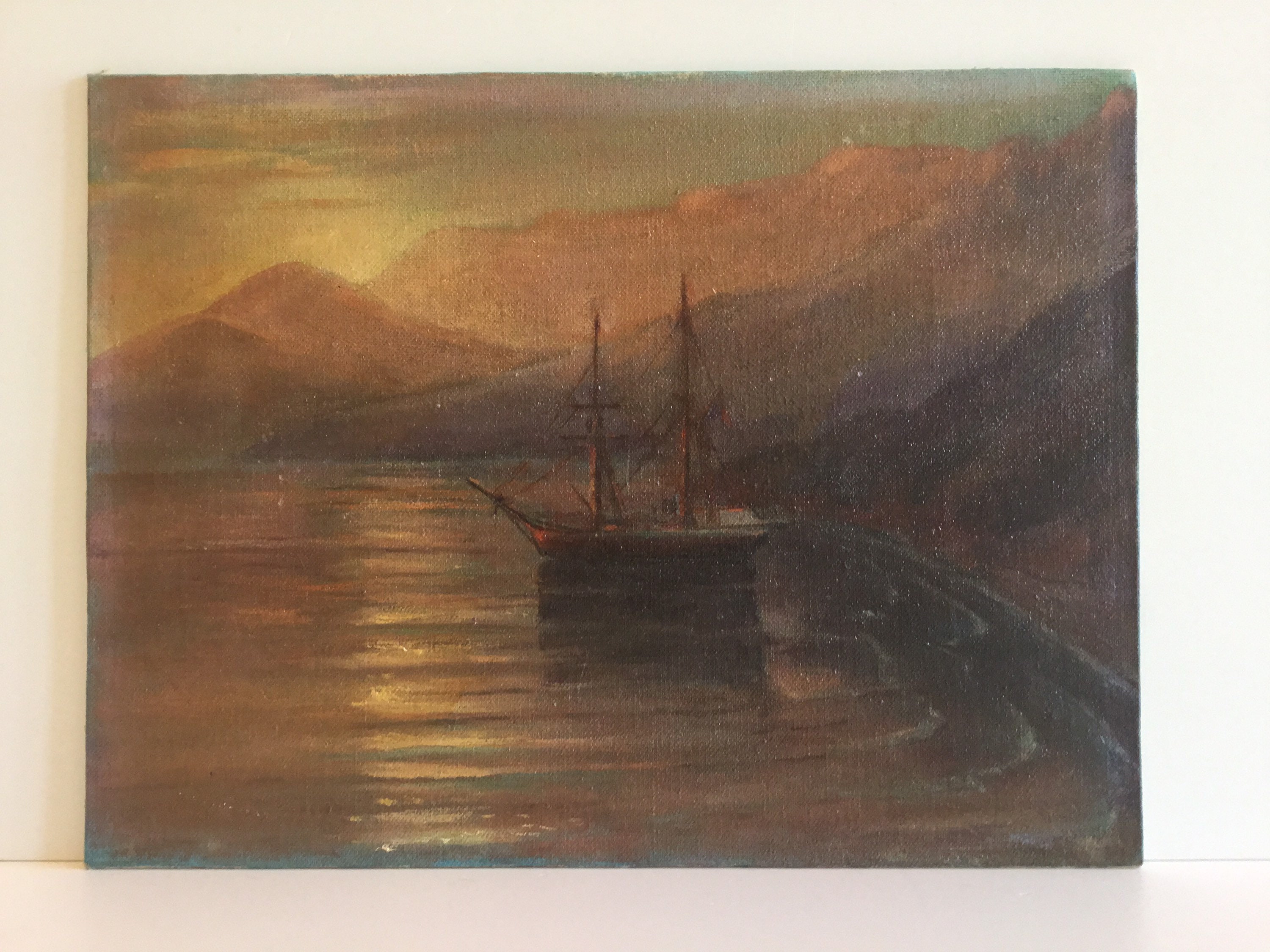 Antique Seascape Painting | Late 19th Century Turkish Coast Sunset Ship, Oil on Canvas — photo 5 of 11