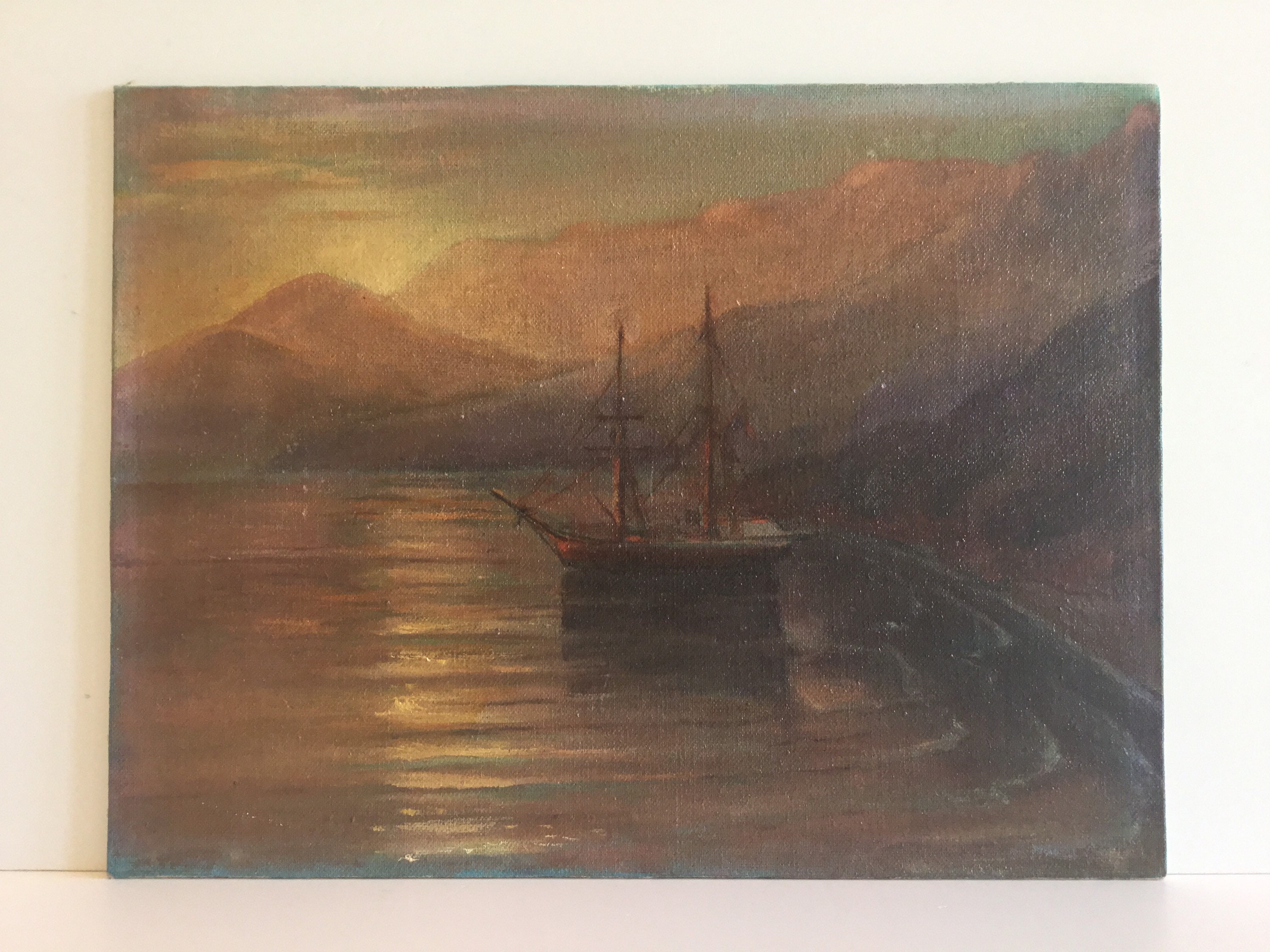 Antique Seascape Painting | Late 19th Century Turkish Coast Sunset Ship, Oil on Canvas — photo 6 of 11