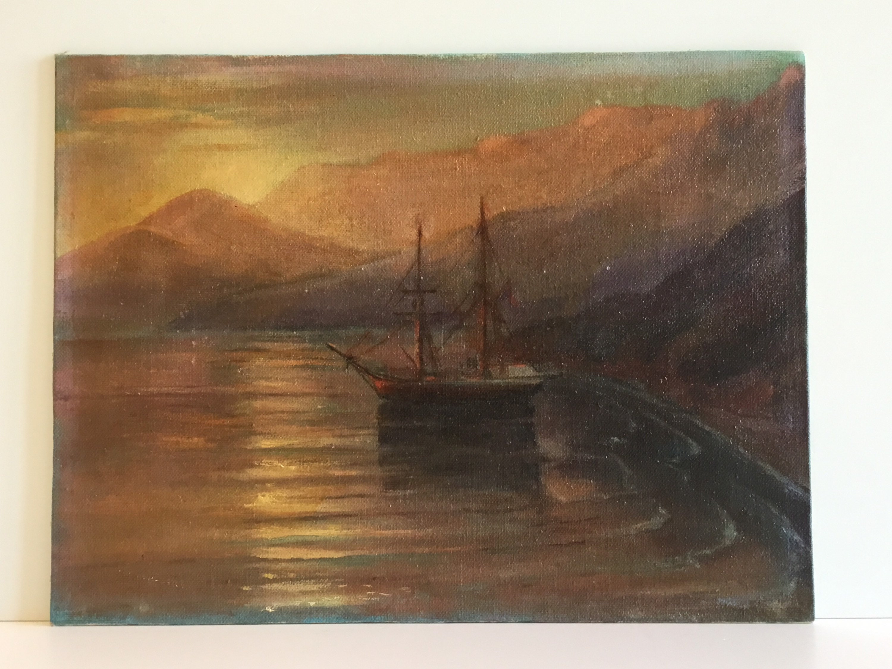 Antique Seascape Painting | Late 19th Century Turkish Coast Sunset Ship, Oil on Canvas — photo 7 of 11