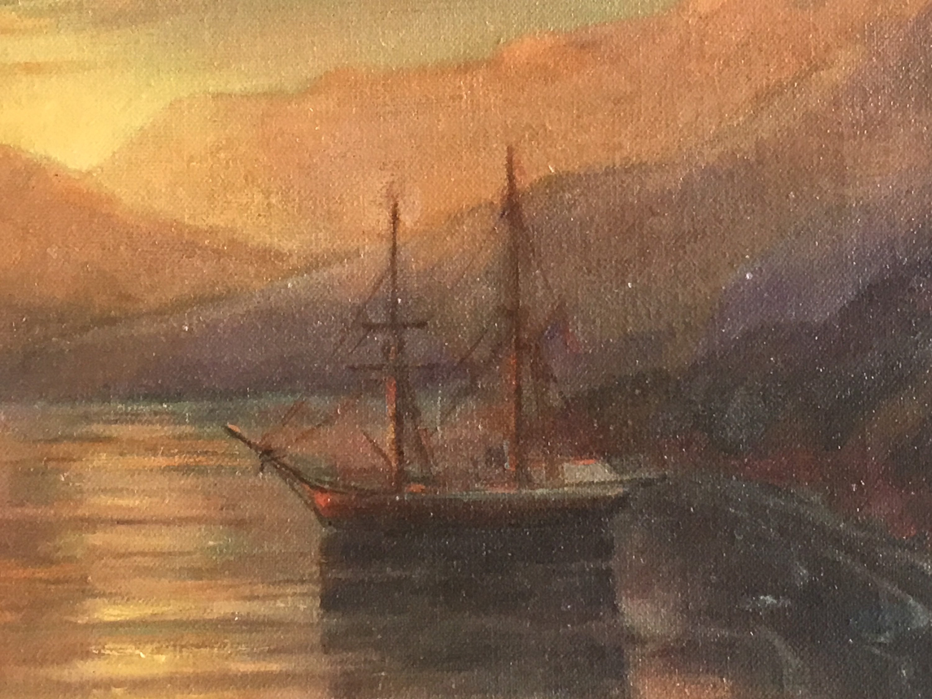 Antique Seascape Painting | Late 19th Century Turkish Coast Sunset Ship, Oil on Canvas — photo 8 of 11