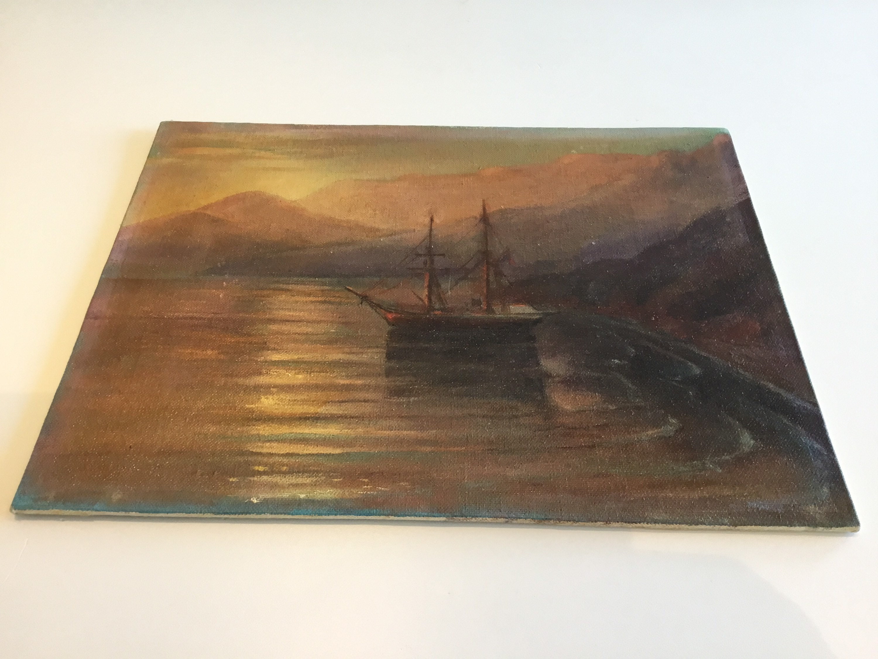 Antique Seascape Painting | Late 19th Century Turkish Coast Sunset Ship, Oil on Canvas — photo 9 of 11