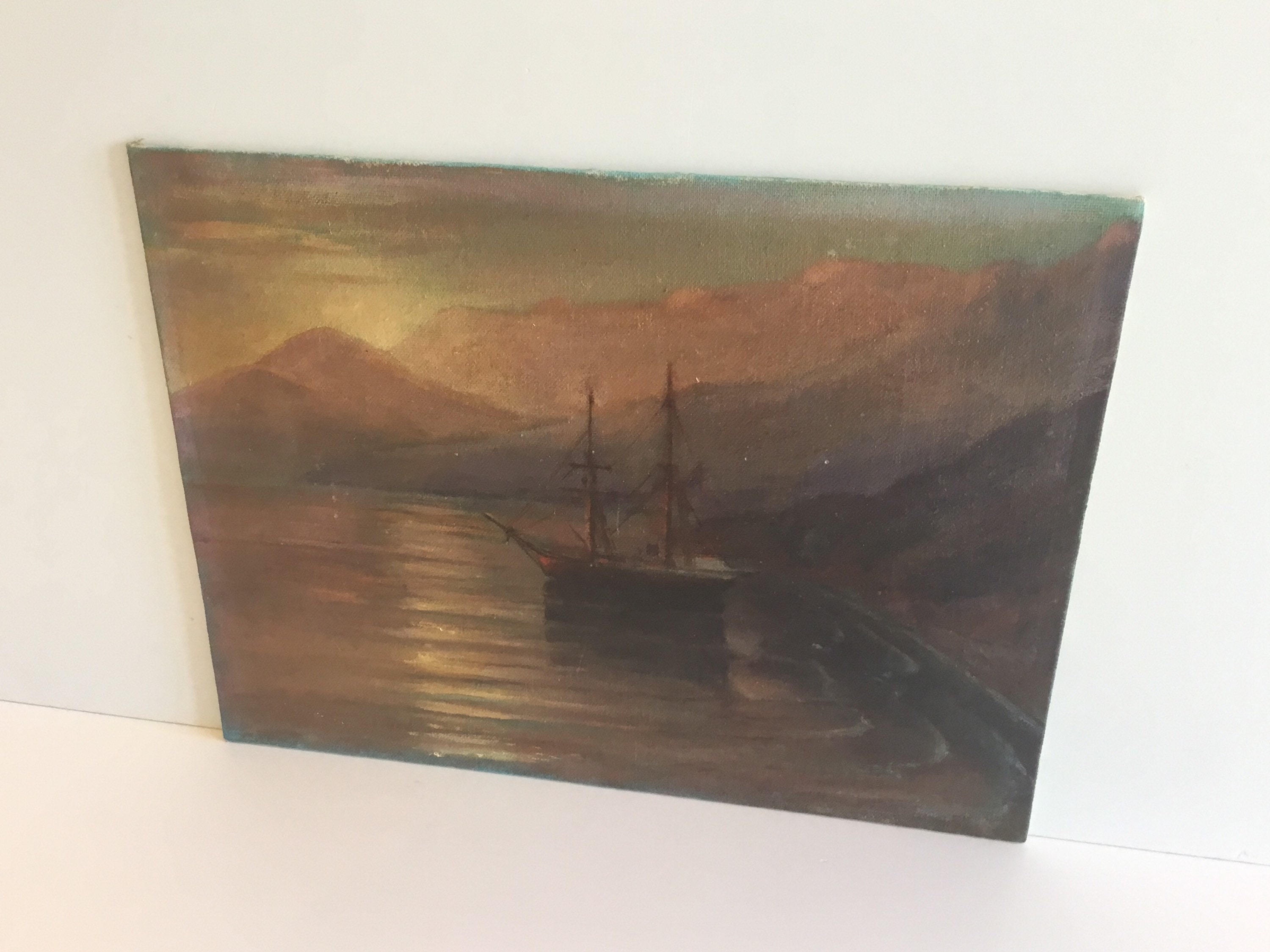 Antique Seascape Painting | Late 19th Century Turkish Coast Sunset Ship, Oil on Canvas — photo 10 of 11