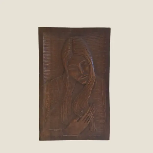 Religious Wood Bas-Relief Sculpture, Hand Carved Icon Wall Art (1971)