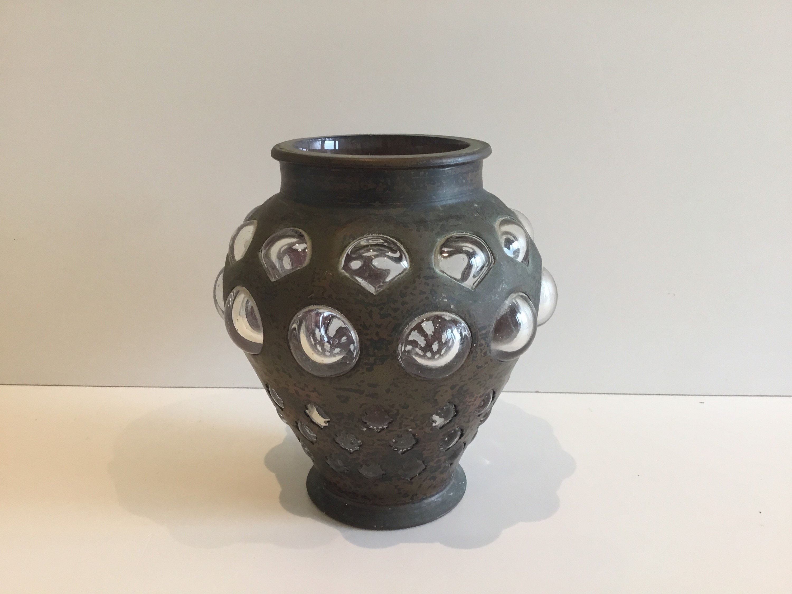 Vintage Vase (1930s) Italian Art Deco, Glass Sphere Inlays, Original Patina Collector Piece — photo 2 of 9