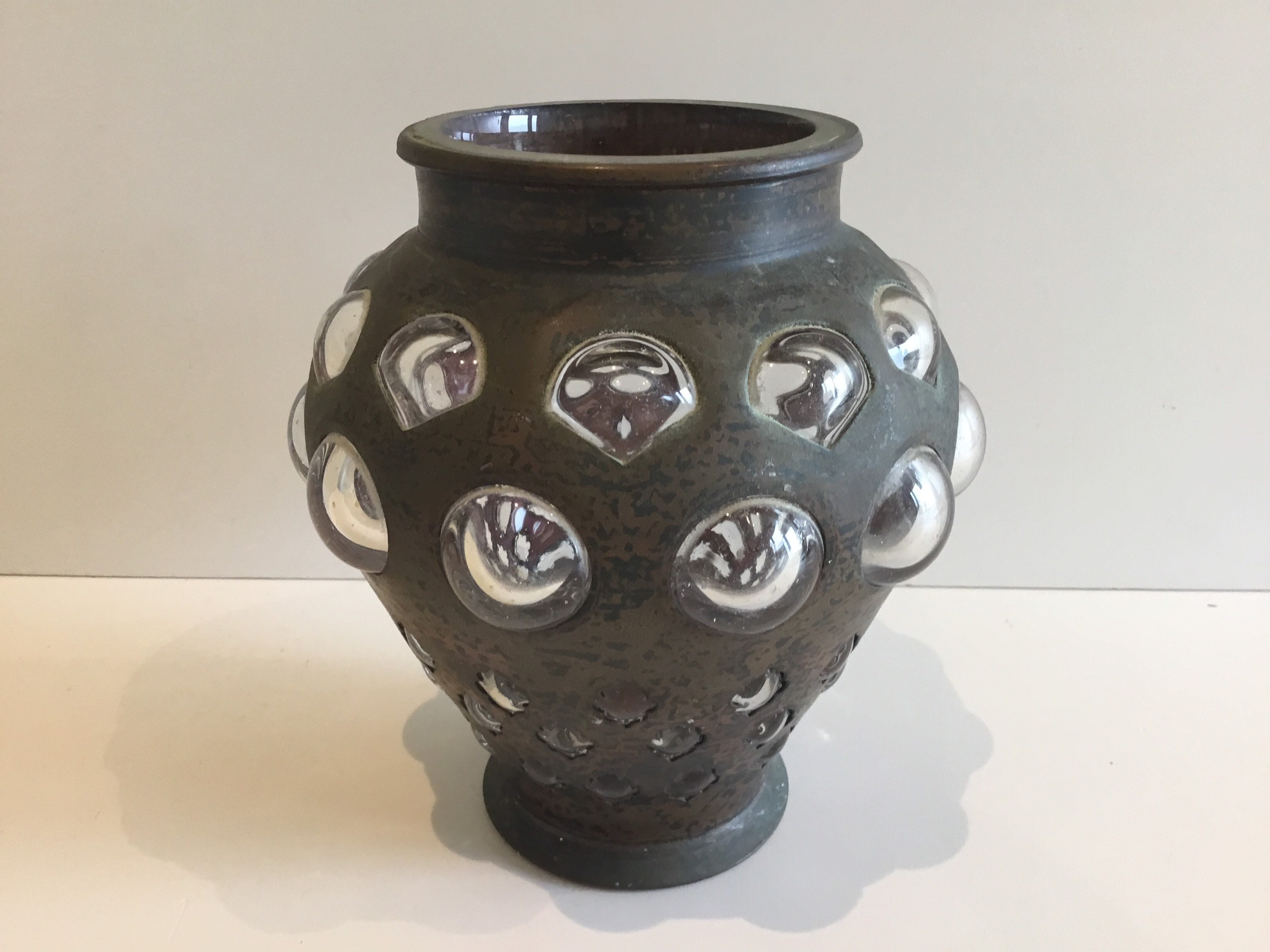 Vintage Vase (1930s) Italian Art Deco, Glass Sphere Inlays, Original Patina Collector Piece — photo 3 of 9