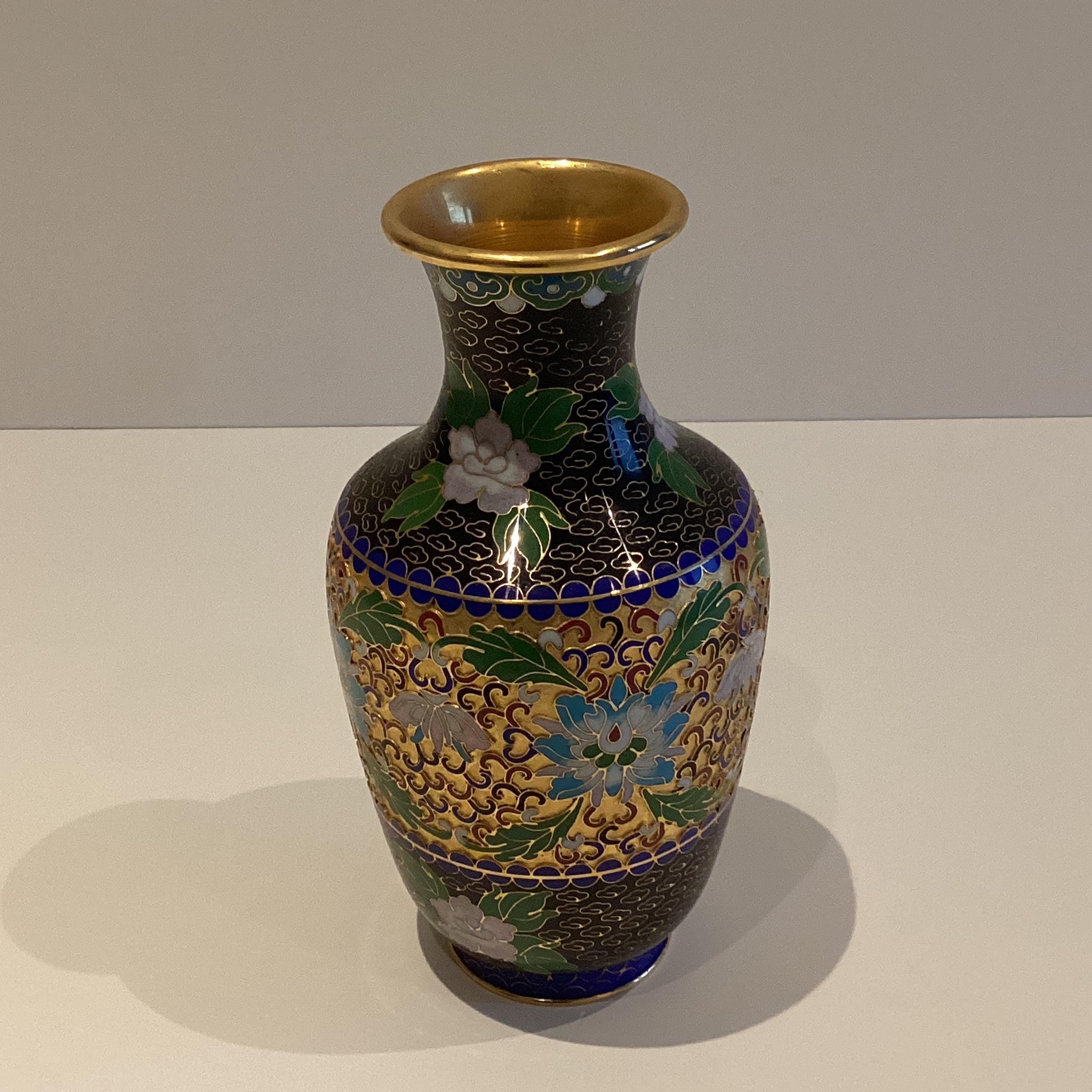 Vintage Vase | 1950s Chinese Cloisonné Enamel Art, Turquoise Blue Relief Gold Plated — photo 2 of 8