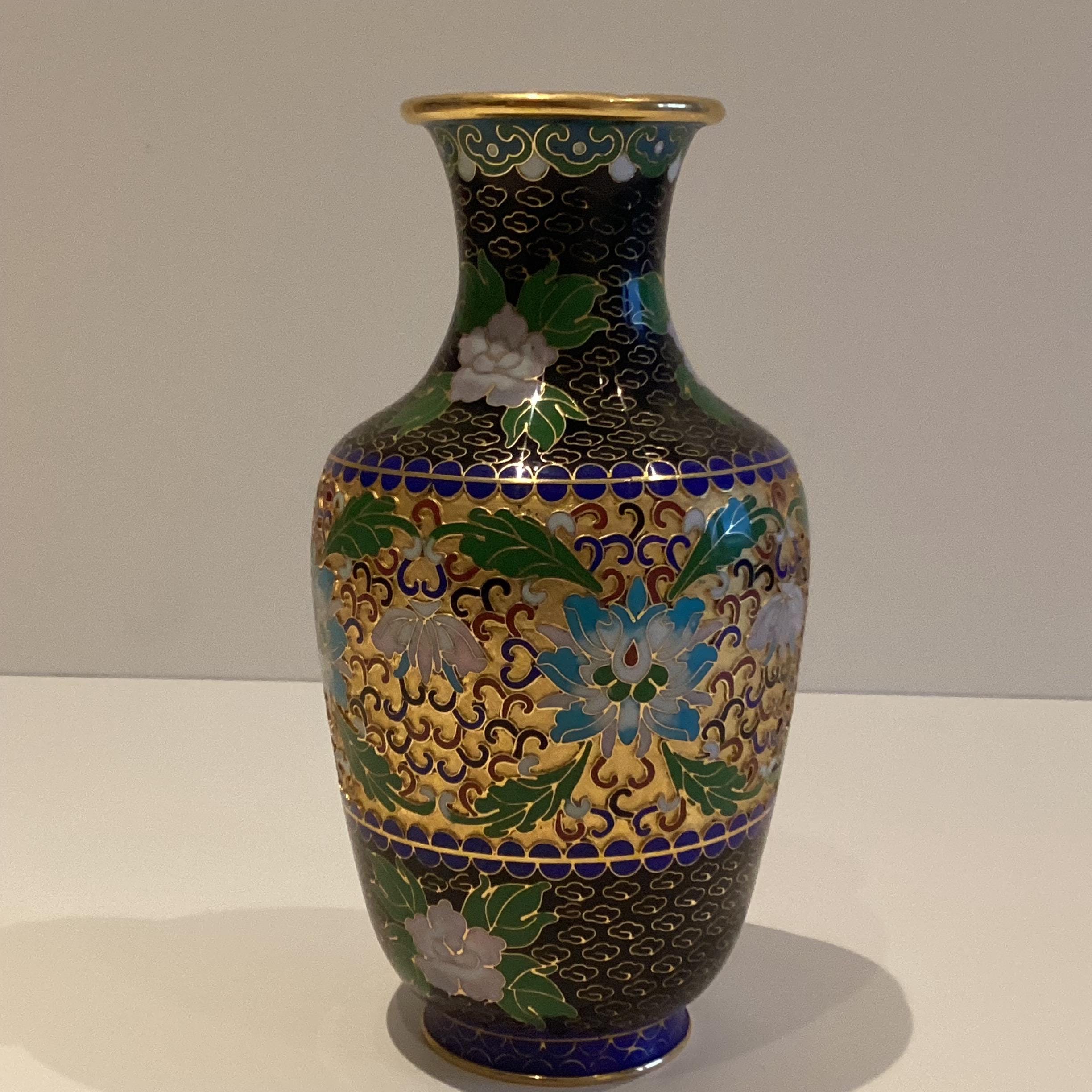 Vintage Vase | 1950s Chinese Cloisonné Enamel Art, Turquoise Blue Relief Gold Plated — photo 3 of 8