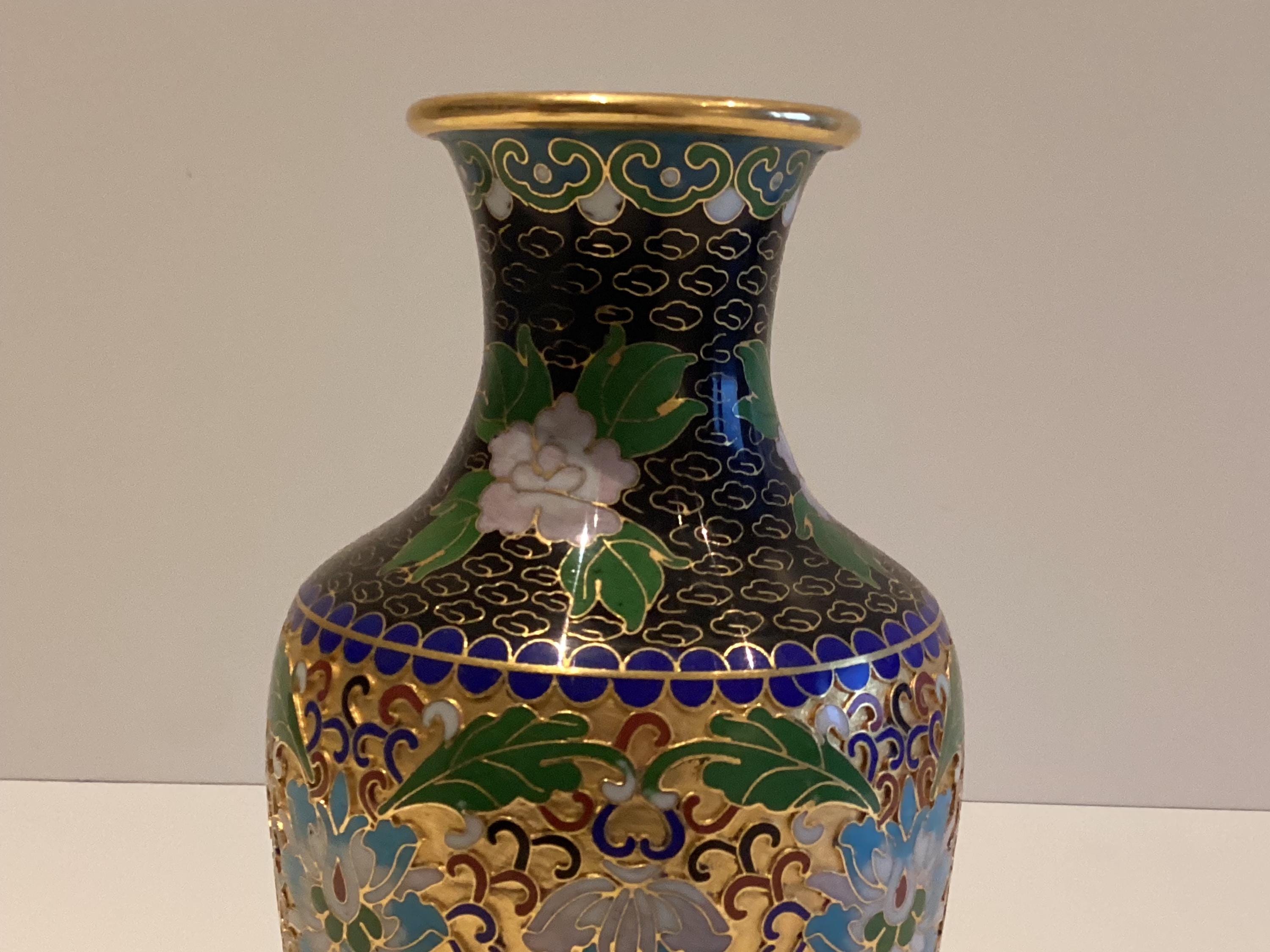 Vintage Vase | 1950s Chinese Cloisonné Enamel Art, Turquoise Blue Relief Gold Plated — photo 4 of 8