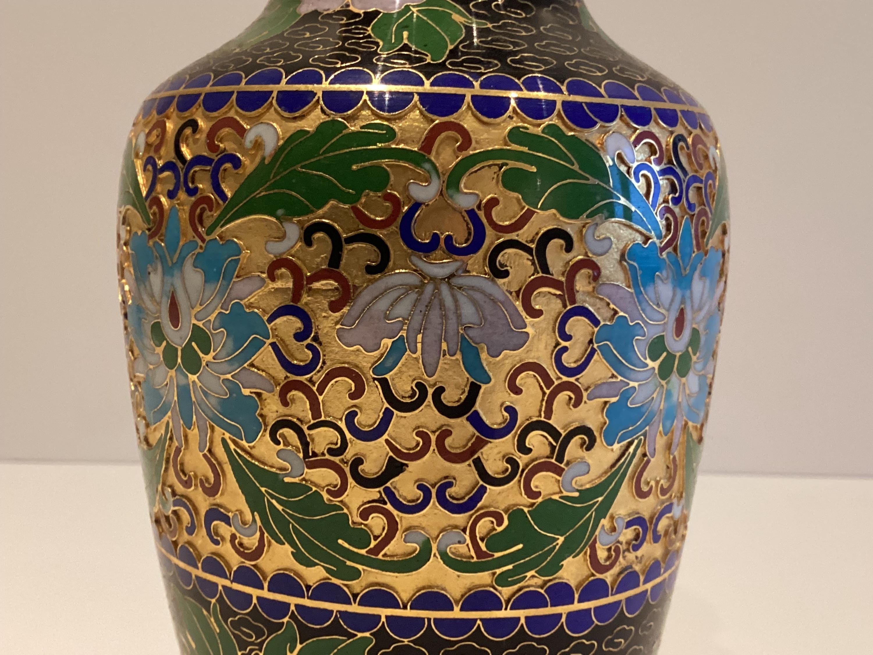 Vintage Vase | 1950s Chinese Cloisonné Enamel Art, Turquoise Blue Relief Gold Plated — photo 6 of 8