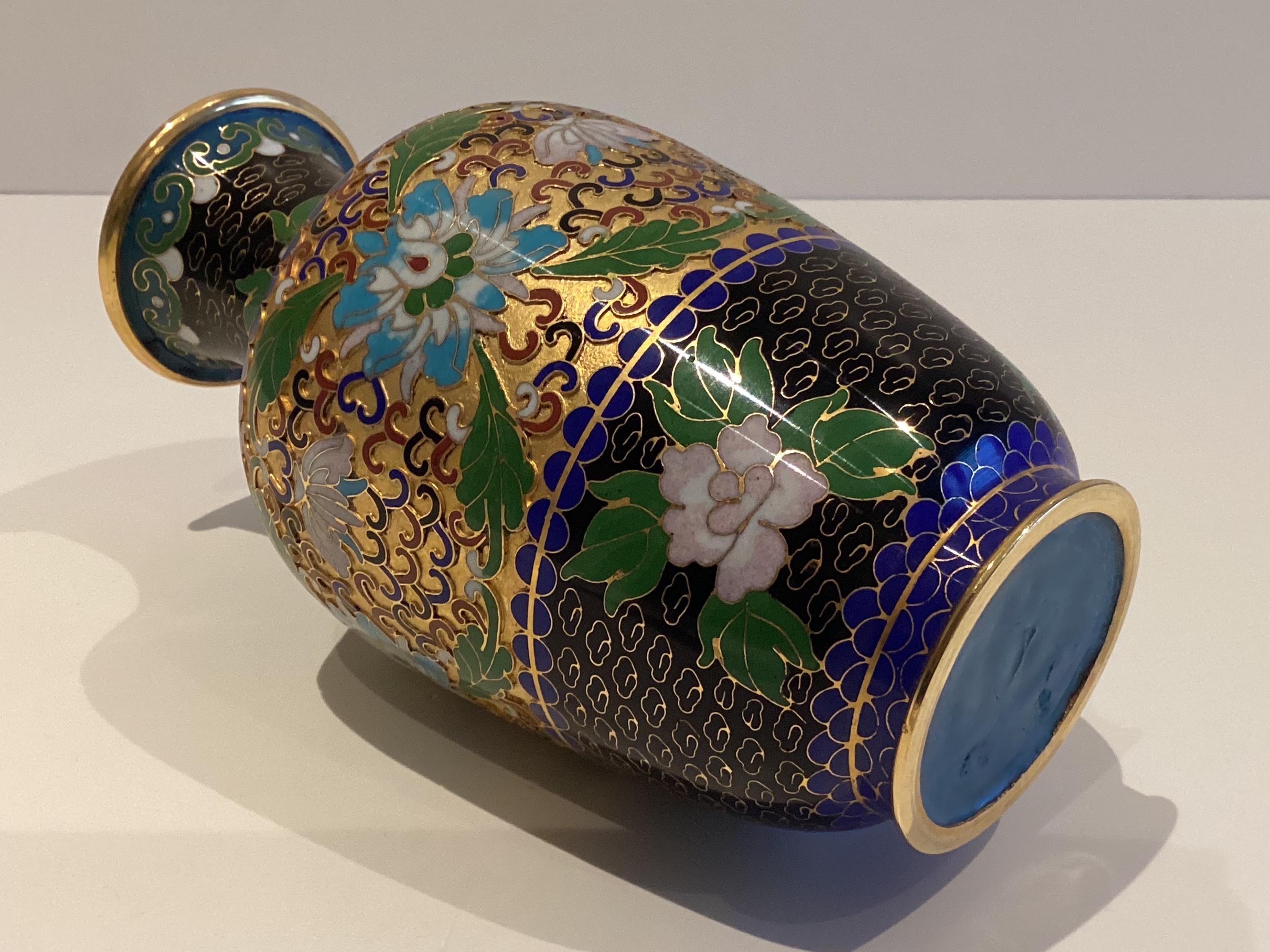 Vintage Vase | 1950s Chinese Cloisonné Enamel Art, Turquoise Blue Relief Gold Plated — photo 8 of 8