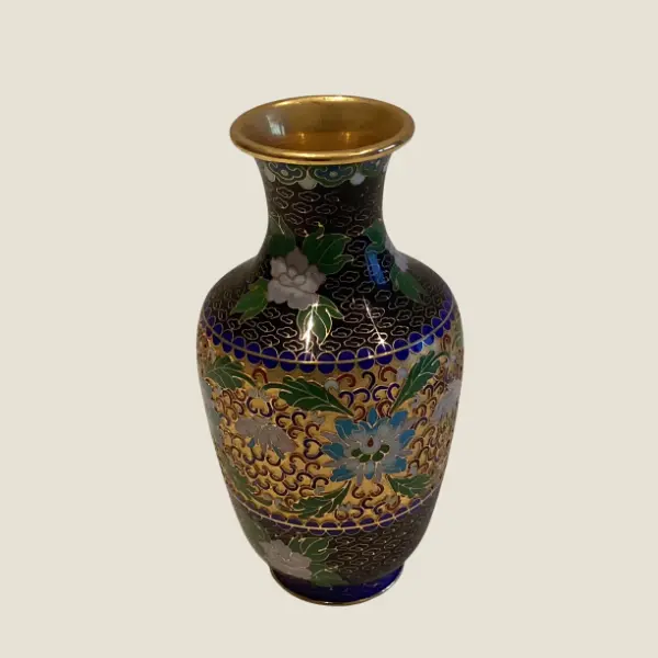 Vintage Vase | 1950s Chinese Cloisonné Enamel Art, Turquoise Blue Relief Gold Plated