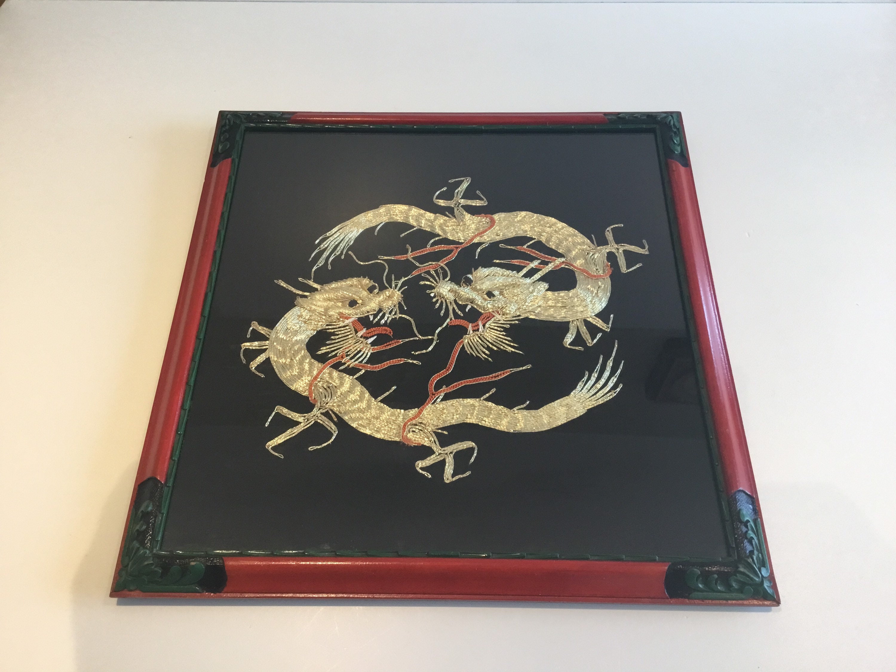 Vintage Silk Embroidery | 1950s Chinese Gold Wire Dragons, Framed Handmade Art — photo 2 of 6