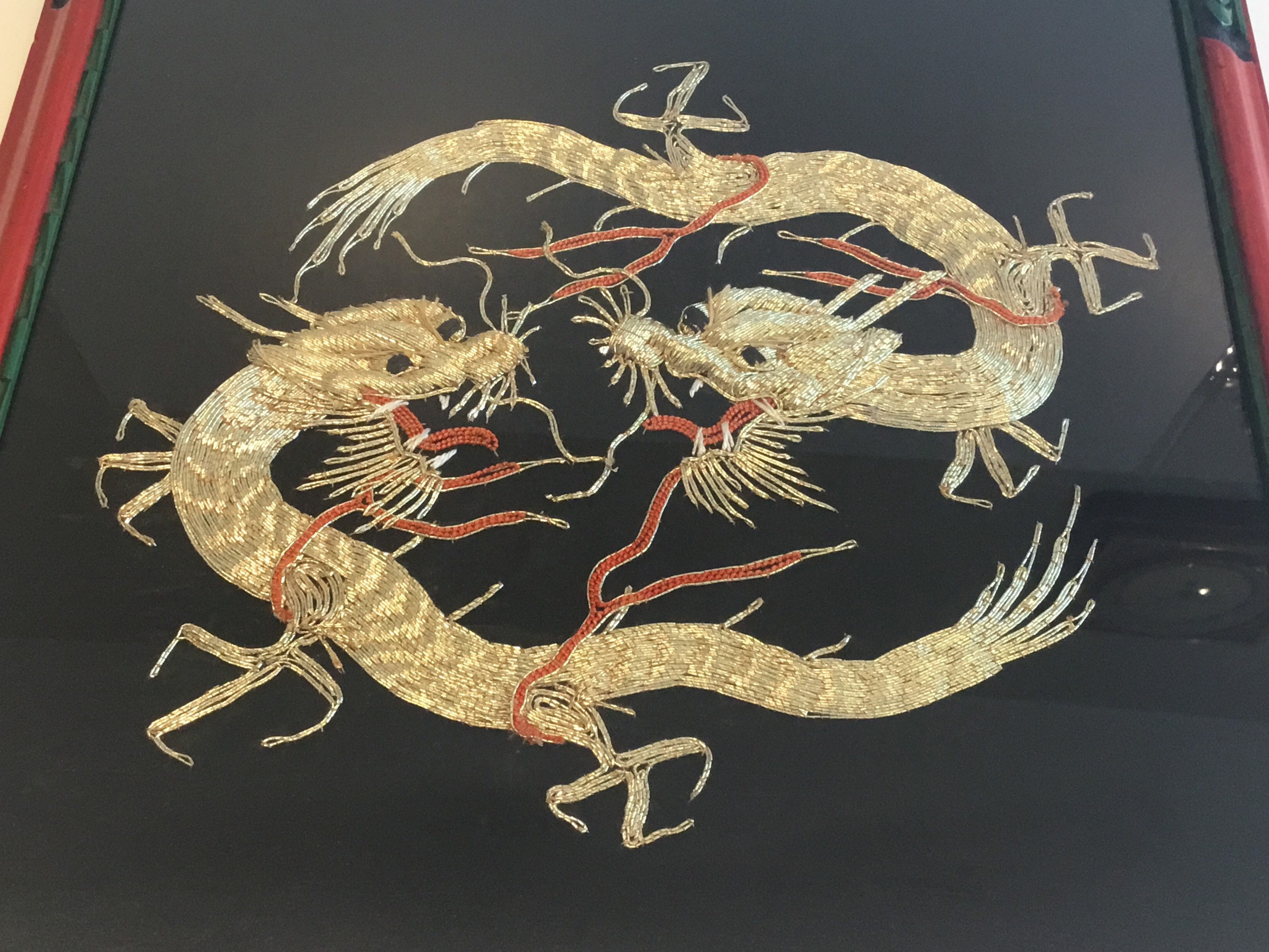 Vintage Silk Embroidery | 1950s Chinese Gold Wire Dragons, Framed Handmade Art — photo 3 of 6