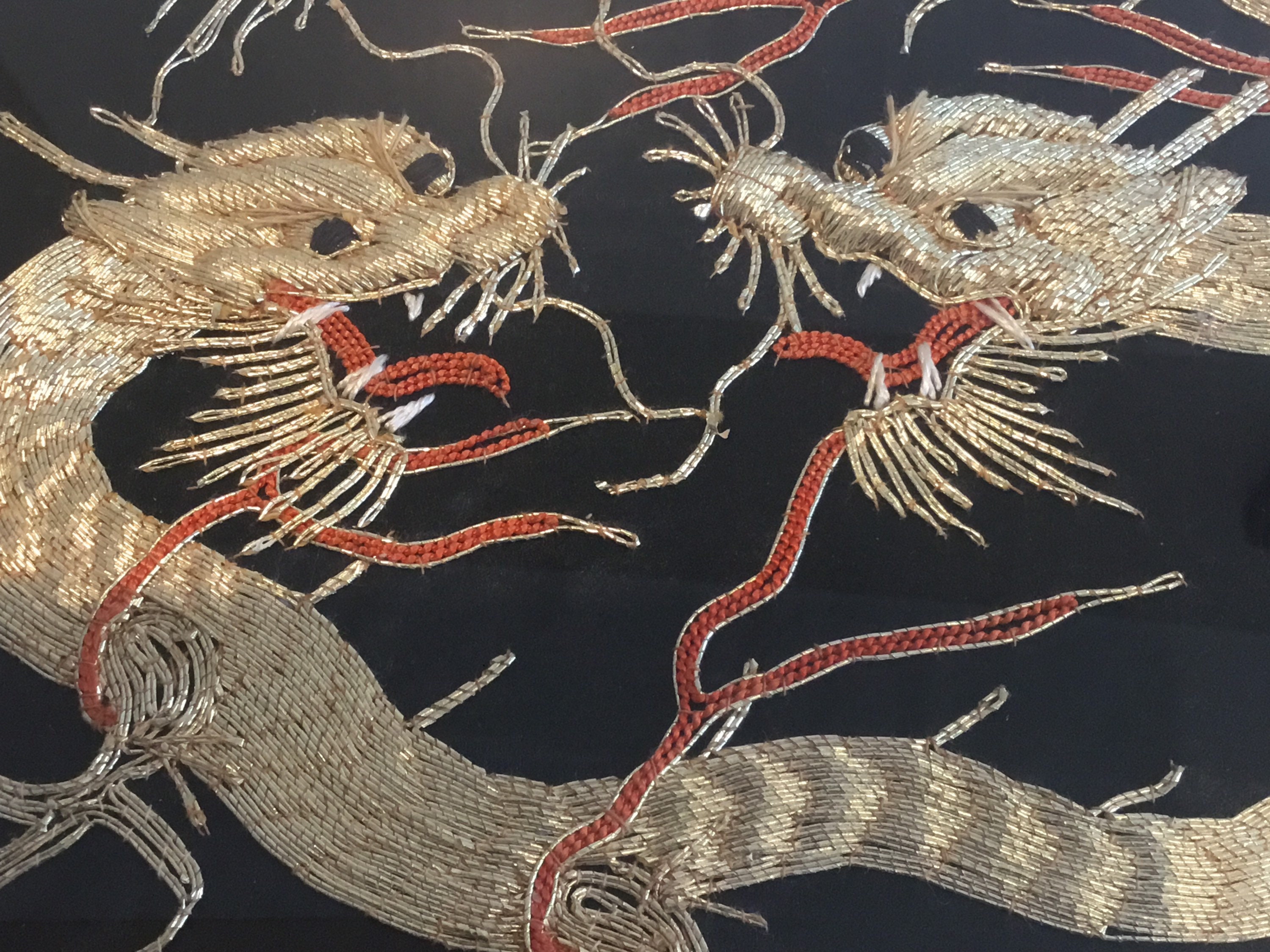 Vintage Silk Embroidery | 1950s Chinese Gold Wire Dragons, Framed Handmade Art — photo 4 of 6