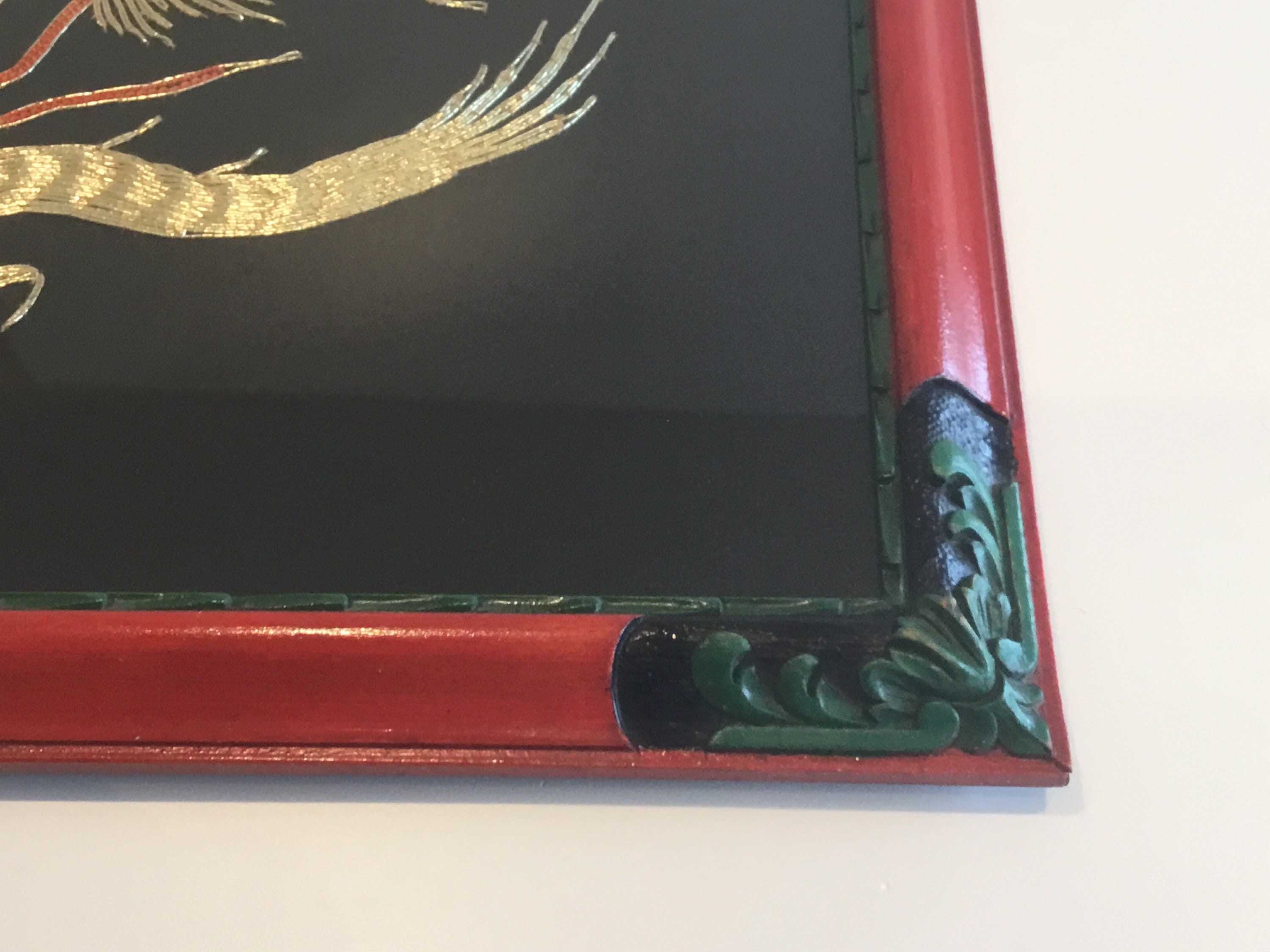 Vintage Silk Embroidery | 1950s Chinese Gold Wire Dragons, Framed Handmade Art — photo 5 of 6