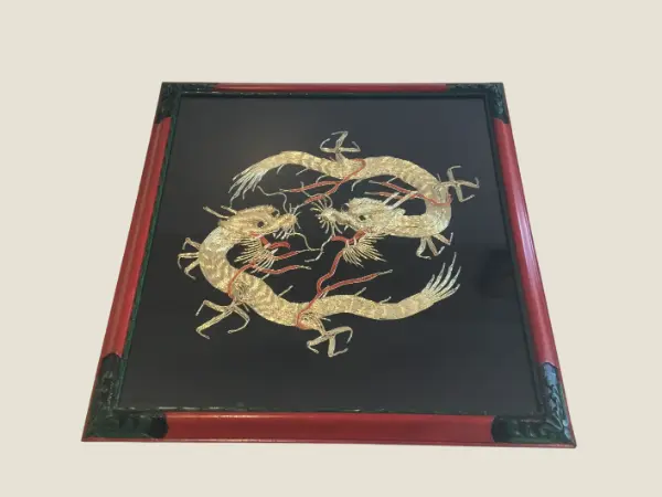Vintage Silk Embroidery | 1950s Chinese Gold Wire Dragons, Framed Handmade Art