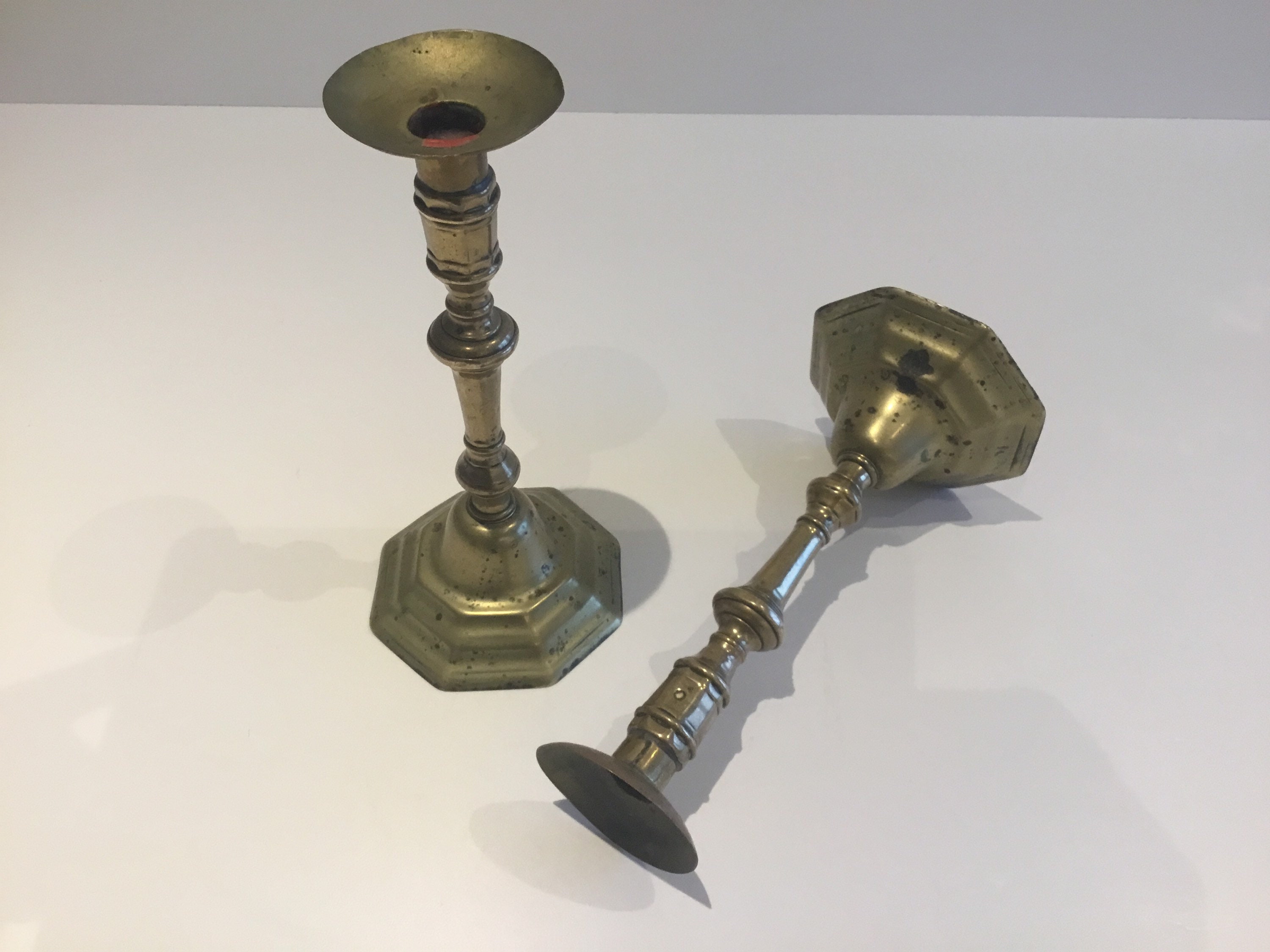 Antique Brass Candlesticks | Late 1800s French Pair, Original Patina Collectible — photo 3 of 6