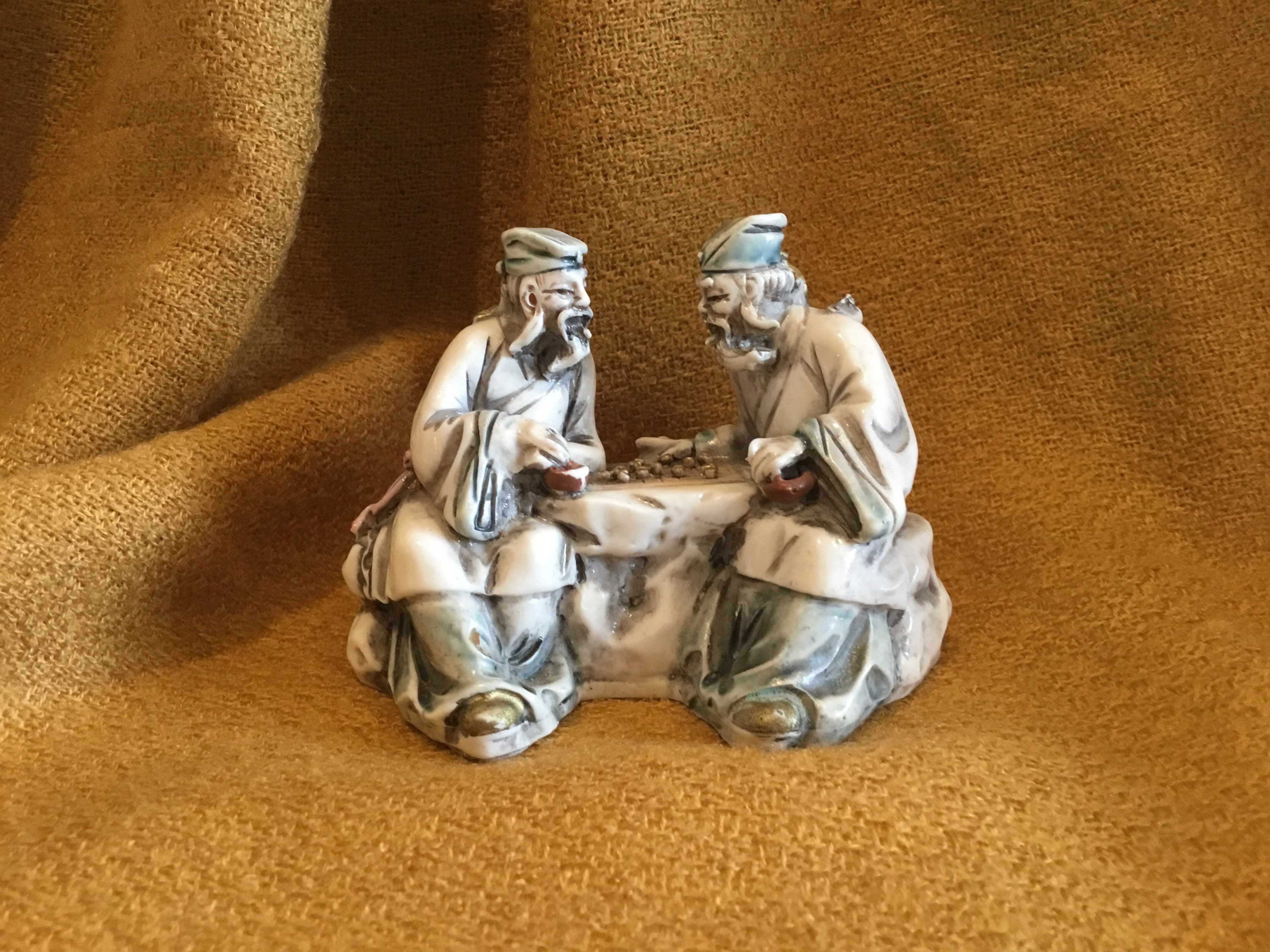 Vintage Chinese Miniature | 1960s Signed Resin Figurine, Elderly Couple Playing Cards — photo 2 of 7