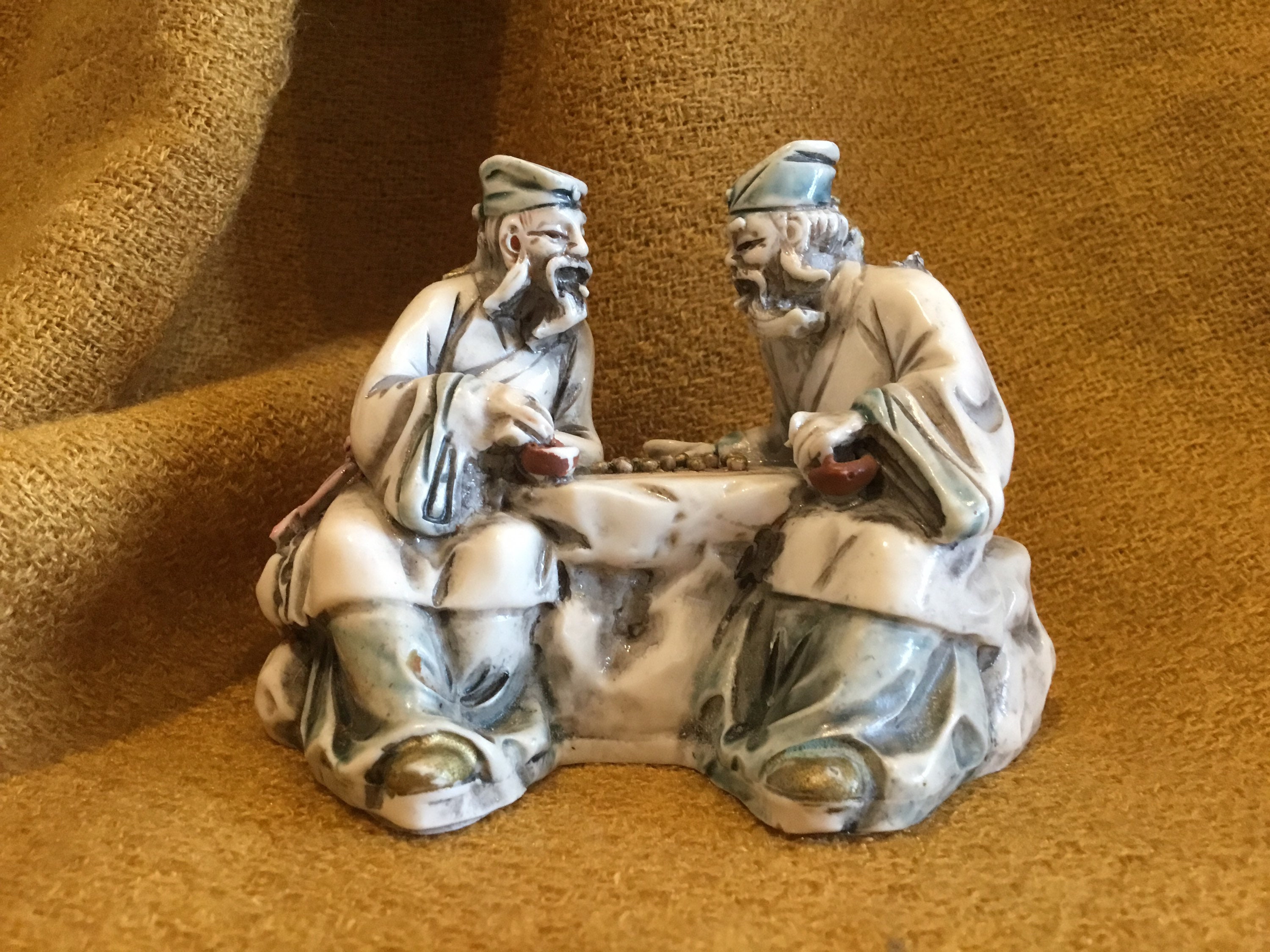 Vintage Chinese Miniature | 1960s Signed Resin Figurine, Elderly Couple Playing Cards — photo 3 of 7