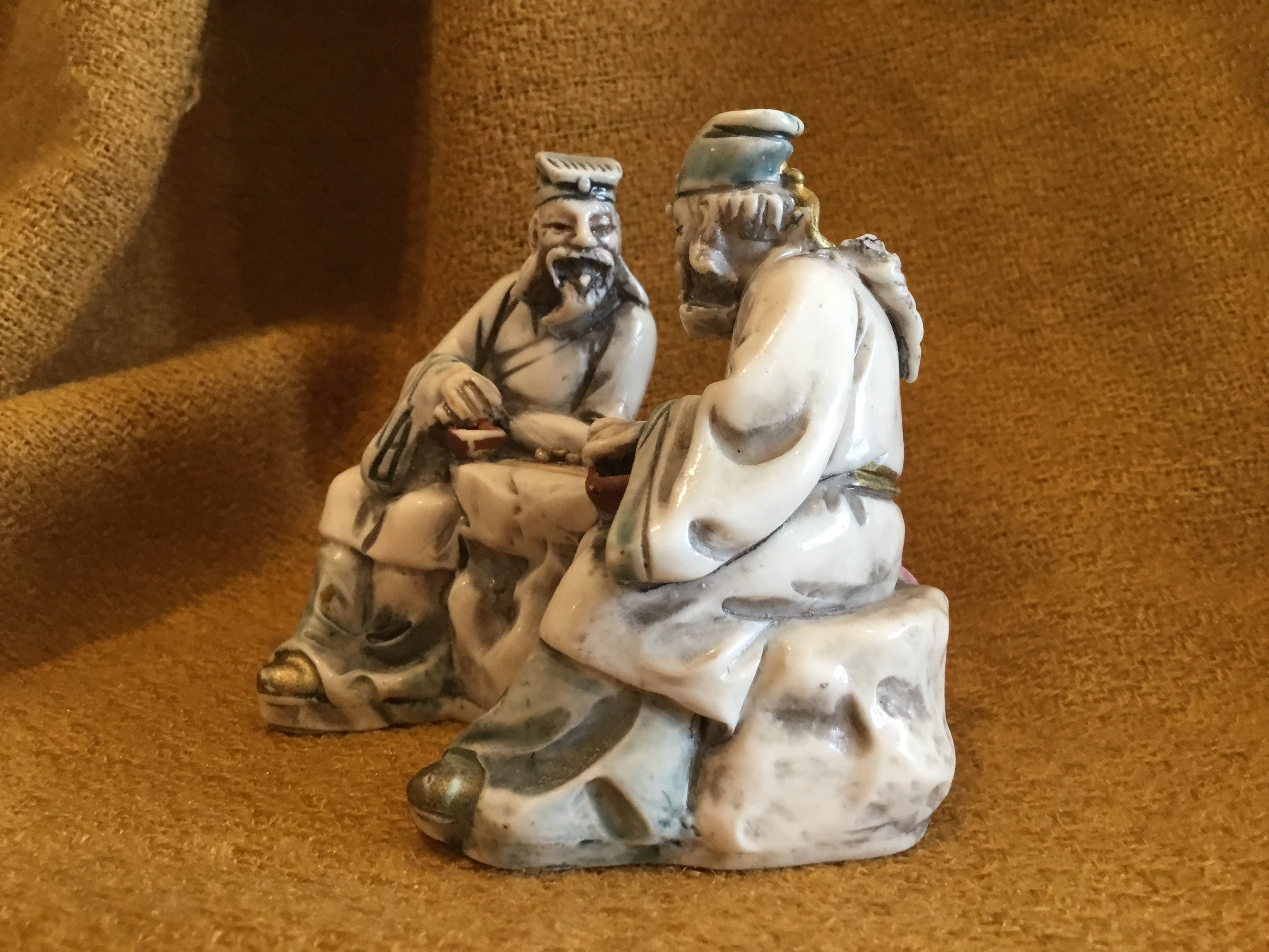 Vintage Chinese Miniature | 1960s Signed Resin Figurine, Elderly Couple Playing Cards — photo 4 of 7